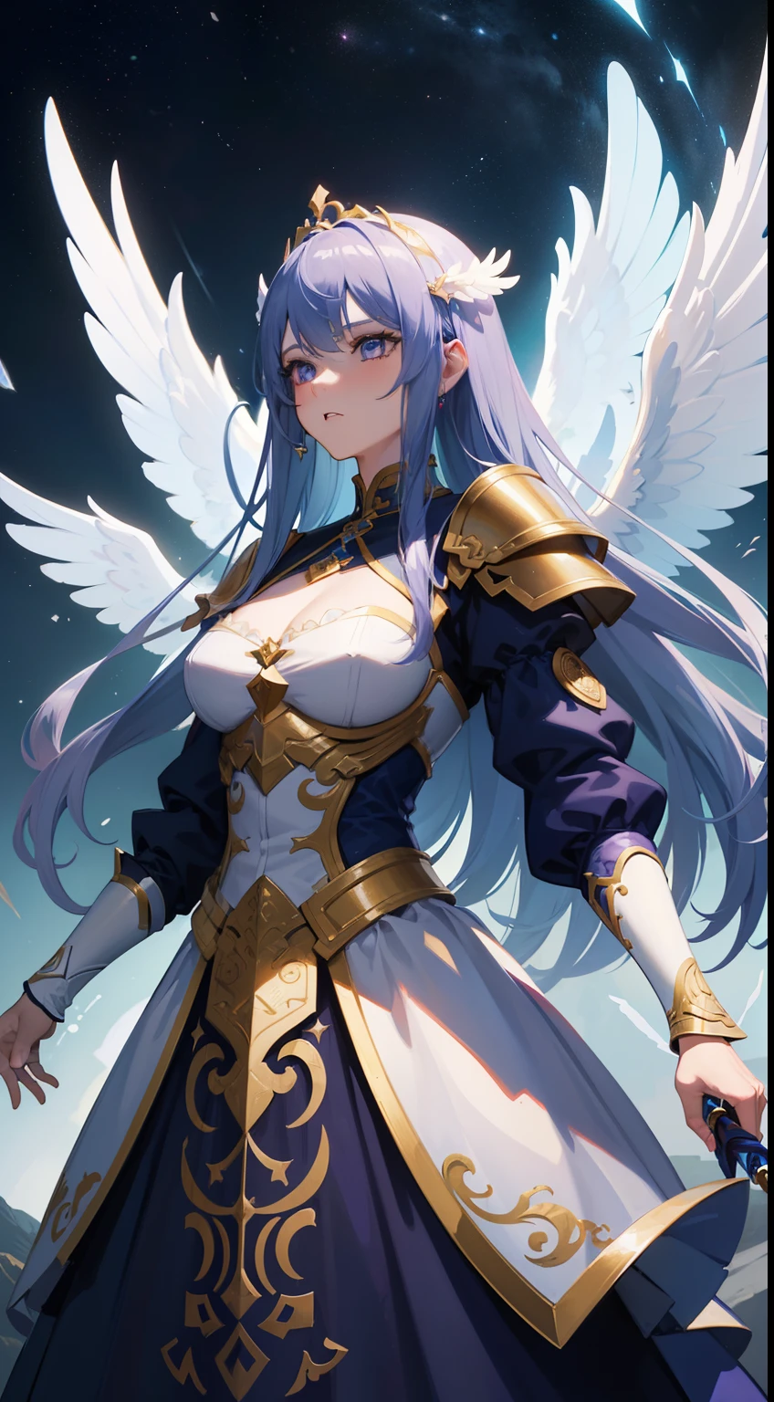 ((8K))、((32K))、((top-quality))、((masterpiece))、((超A high resolution))、detailed skin textures、Detailed Cloth Texture、beautifull detailed face、intricate-detail、ultra-detailliert、CGSetsoty Trends、extreme detail description、proffesional、Ultra-fine painting、Anime - stylistic image of a woman dressed as an angel、Highly detailed artgerm、ross tran 8 k、concept-art | Art Germ, anime goddess、full - body majestic angel、anime fantasy artwork、Art Germ、Anime Illustration、detailed fantasy art,、Anime character with light blue-violet hair and white wings、Light blue-purple hair god、Majestic angel all over the body、Chen Wei Pan(Art Station)、High-quality detail art in 8K、3D Rendering Character Art in 8K、Girl of the Knight of Angels、as a mystical valkyrie、Silver and blue-violet armor dress、Silver and blue-violet long armor skirt、full armor、Holding a holy sword in one hand