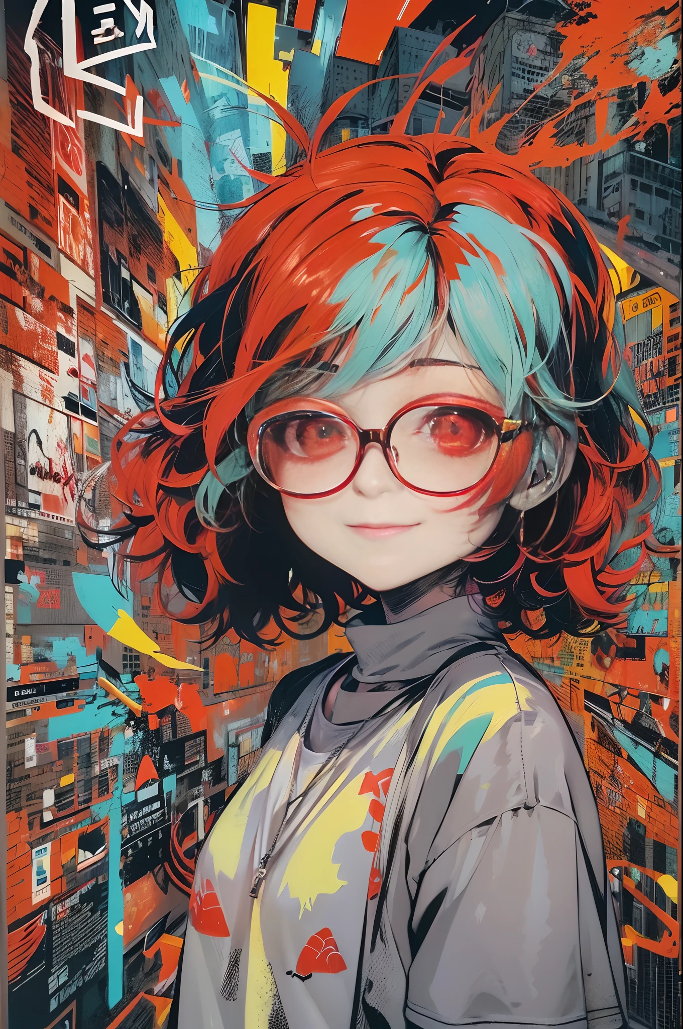 masterpiece, high quality, official art, cool detail, best quality, (neon color: 1.3), (cool, sweet, cute: 1.1), (bright color, colorful: 1.1), break, (1 Girl, solo, skinny, smile, bizarre smile, narrow eyes, sickly white skin, black under the eyes, red eyes, glowing red eyes, red hair, bob hair, liquid hair, upper body, glasses, oversized tee:1.3 ) (Graffiti Art: 1.3), (Neo Pop Art: 1.5), (Colorful Shadow Art: 1.3), (Select Color Red: 1.5), (Select Color Black: 1.5)