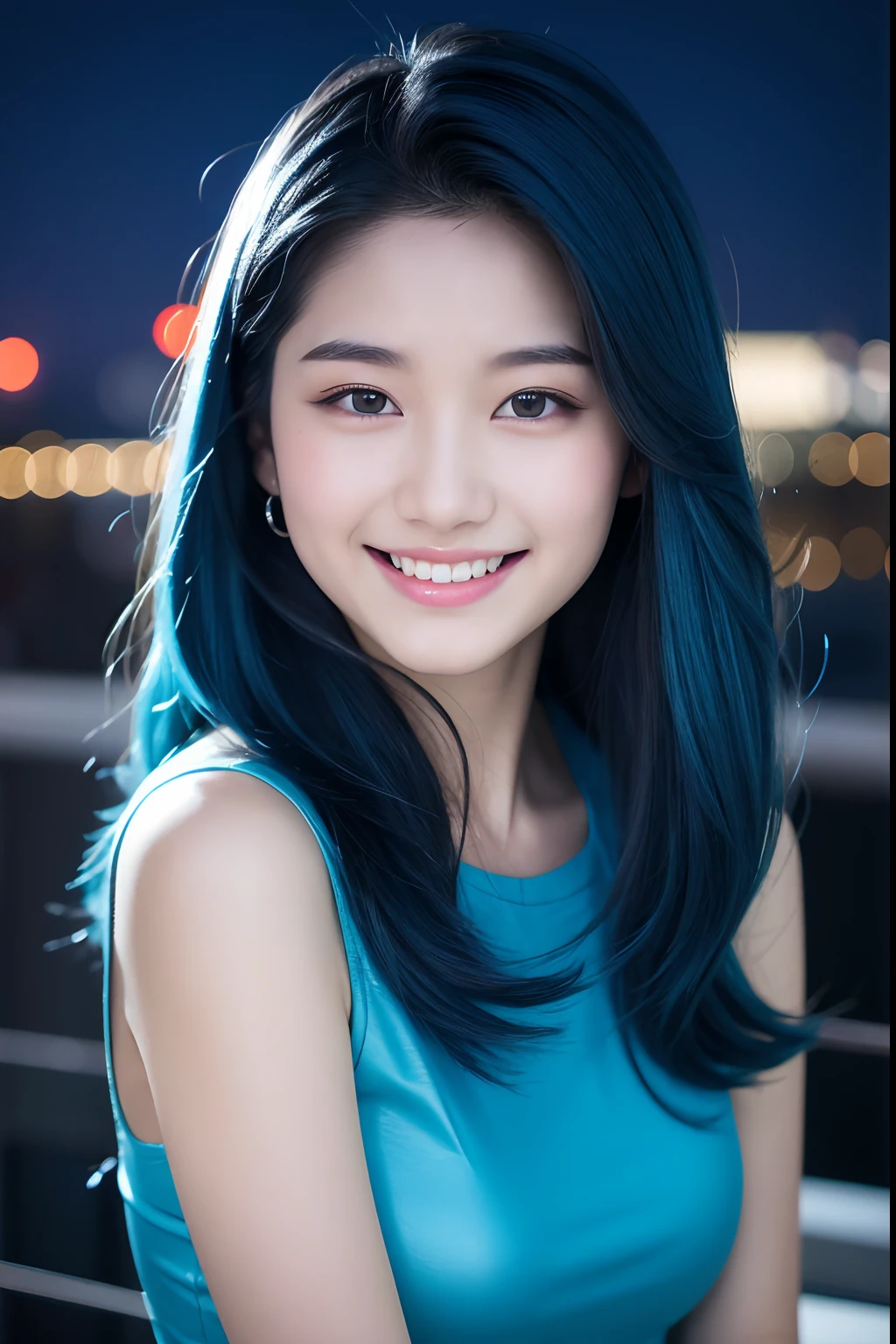 "Image Quality: 8K (Best Quality Scale: 1.2), Artistic Style: Realistic, Photorealistic Factor: 1.37, Clarity: Ultra High Definition, Subject:1girl flying above stunning city ,Shift Dress: mini shirt ,blue hair, neon color, very long hair,, feather hair ornament, neon colors, flashes, stunning night sky, Girl (16 yearble Features: Pleasant Smile, Closed Mouth, Exquisite Details, Lovely Nose, Composition: Full Body, Damp Hair, Context: Amidst Colossal Dalsefo, 2nd girl Korean idol looks, 16 years old,." cutse mouth, k pop looks, clear symmetrical clear teeth, very detailed, model post