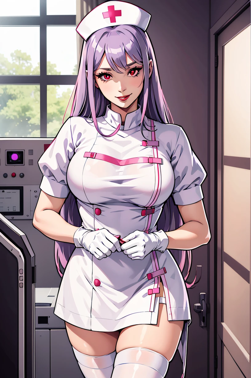 1womanl, Nurse, Nurse Cap, Whiteware, ((White legwear, zettai ryouiki)), White Gloves, Long hair, Purple hair, Red eyes, pink lipsticks, Smile, Standing, ((Hospital room)), sharp outline, Short sleeves, a matural female, 35 year old, Best Quality, masutepiece