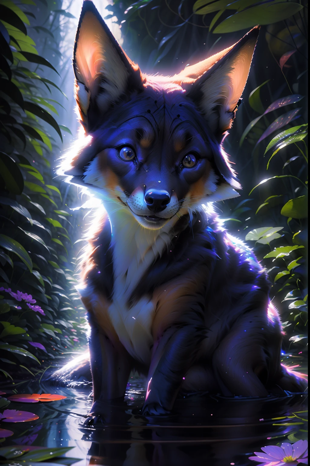 Antro Raposa realista de cores vivas iriscente com olhos brilhantes e cauda brilhante, ultra realistic antropomorph ethereal fox, raposa digital iriscente, arte de fantasia digital colorida, arte digital luminescente, Arte digital altamente detalhada em 4k, 8k arte impressionante, Arte bonita UHD 4K, Arte digital detalhada em 4k,