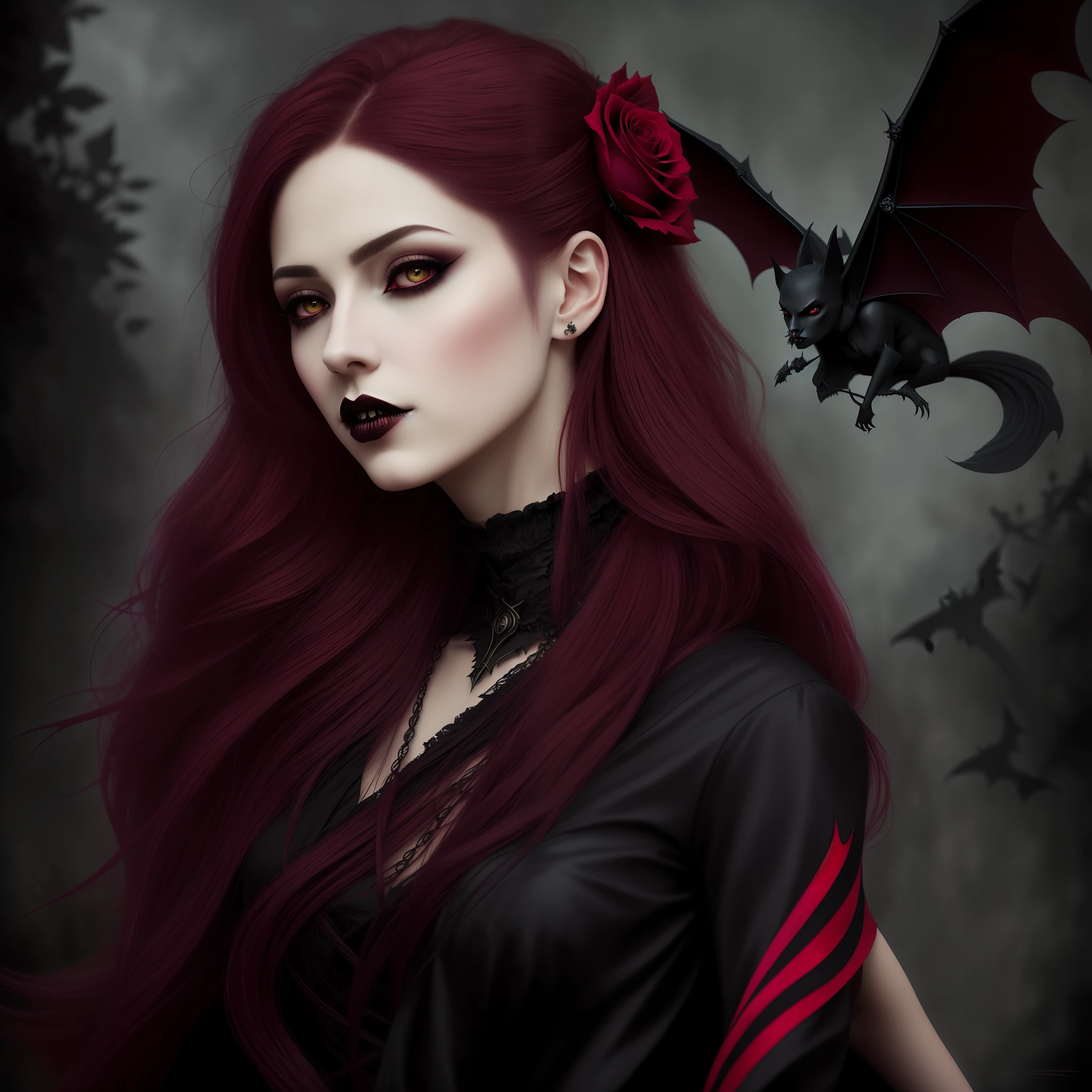 Gothic woman,There are bats and roses in the hair, dark fantasy style art, gothic fantasy art, dark fantasy mixed with realism, dark fantasy art, dark fantasy art style, fantasy dark art, dark fantasy portrait, beautiful vampire queen, vampire portrait, vampires fantasy, Vampire girl, inspired by Magali Villeneuve, portrait of a lady vampire