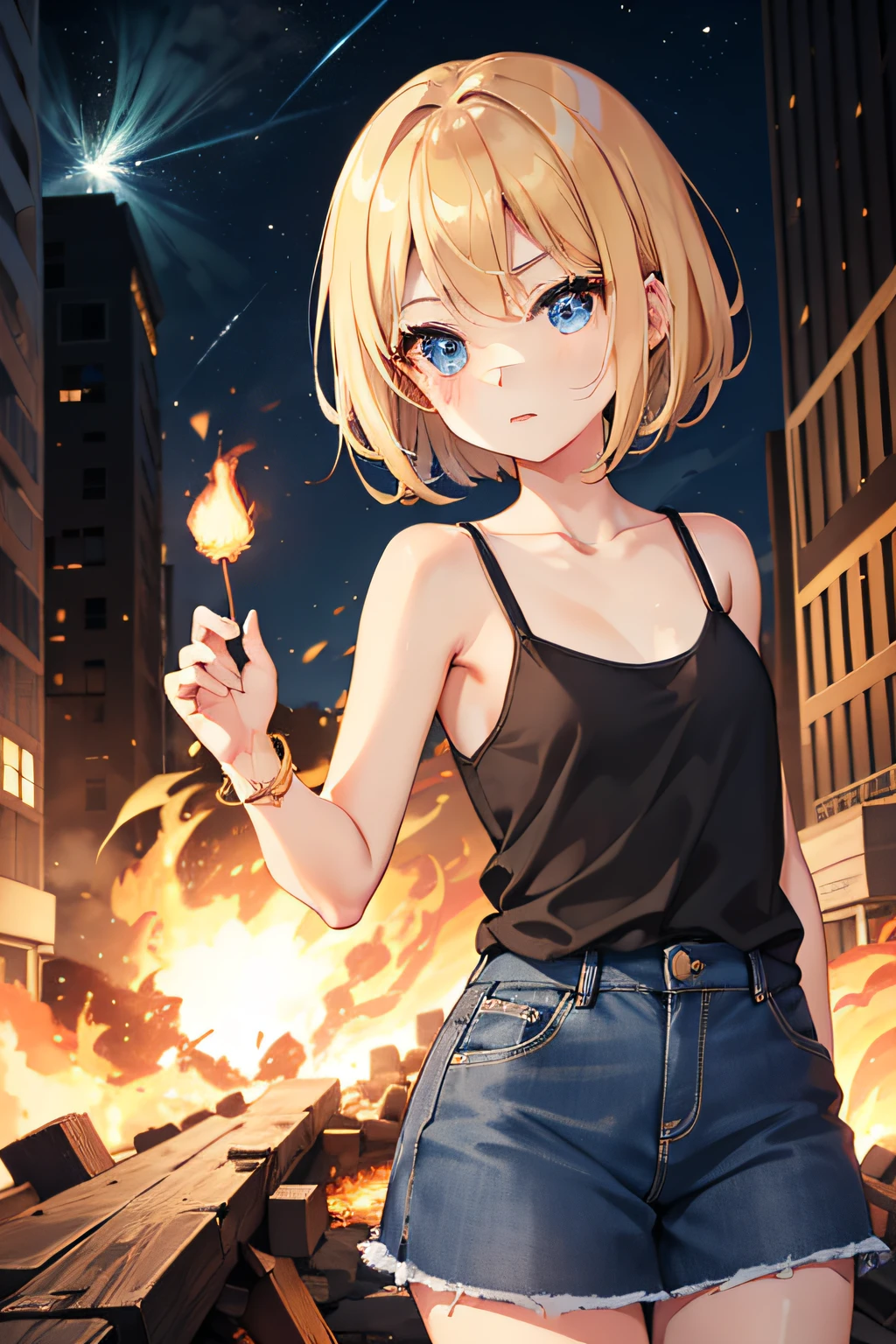 during night、Exploding and burning bases、A building that is exploding、Cute blonde girl holding a lit matchstick、cute  face、full bodyesbian、Short Bob Hair、a blond、blue eyes、Black tank top、Blue Jeans Skirt