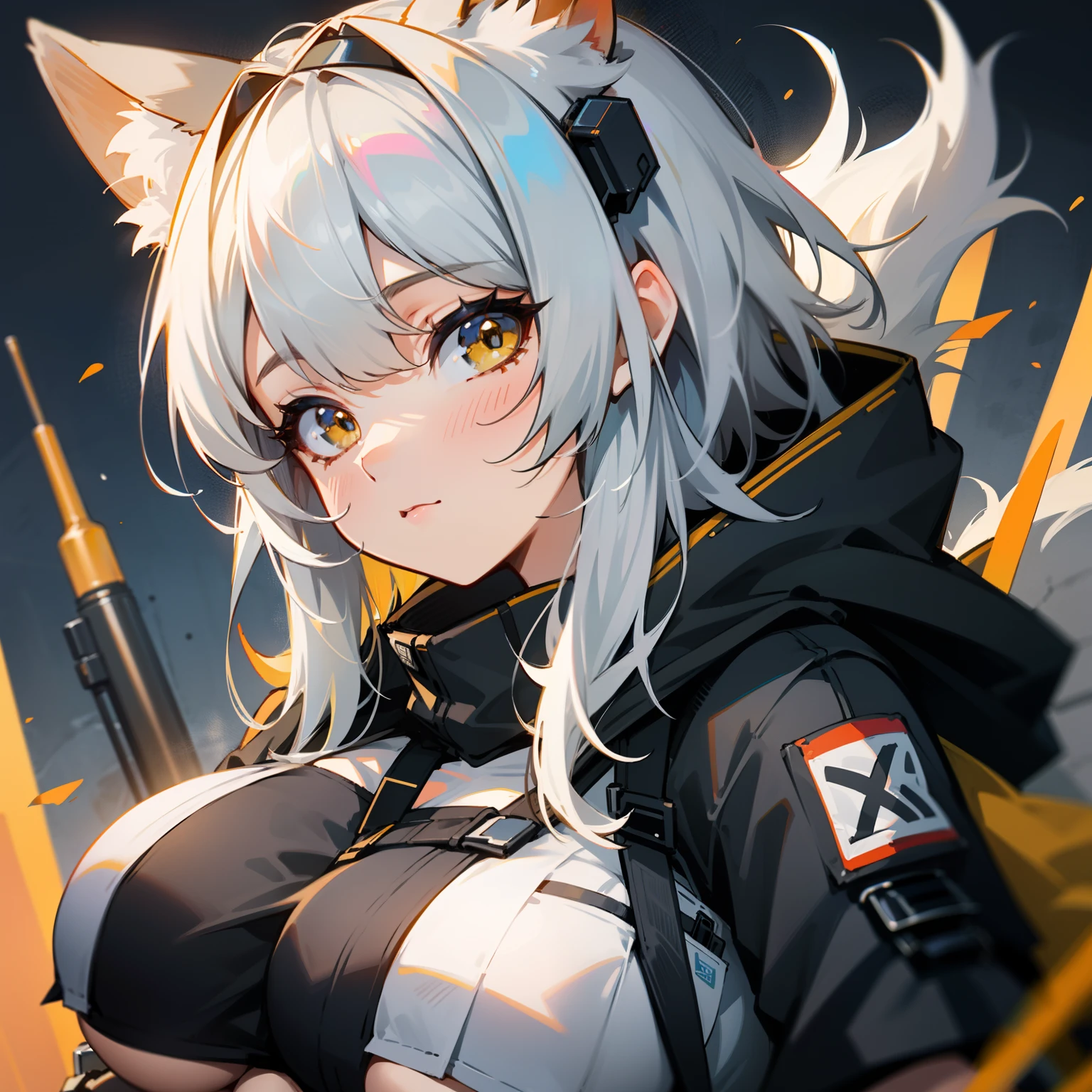 a close up of a person wearing a black and oranage hoodie, from arknights, from girls frontline, arknights, girls frontline style, anime style 4 k, anime girl with cat ears, kantai collection style, beautiful anime foxgirl, cute anime foxgirl, girls frontline universe, anime fox girl, high quality anime artstyle, foxgirl, detailed anime character art,white hair,cute,night,(big breast:1.7)