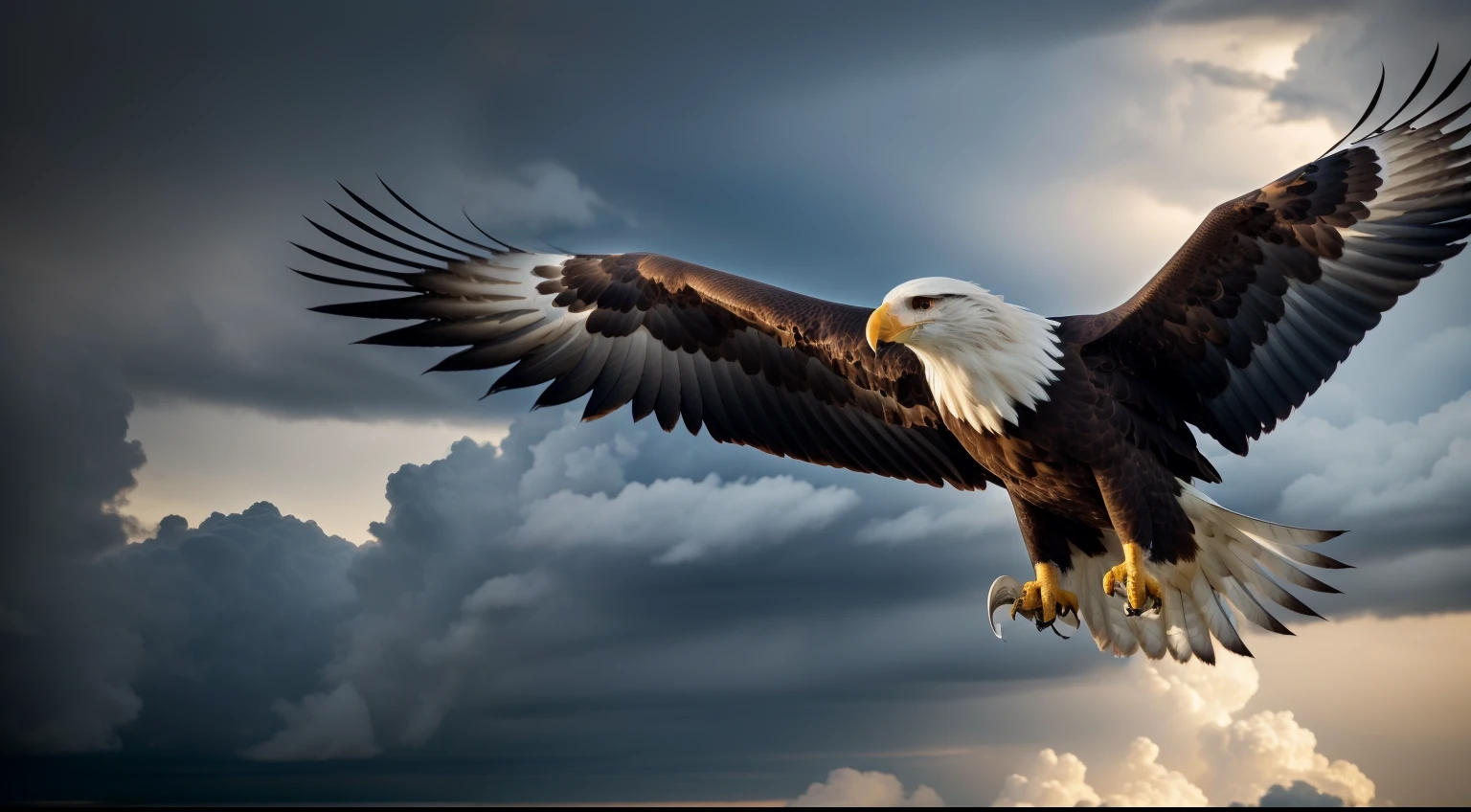 An eagle in flight soaring above a storm, destacando a ideia de que, ao confiarmos em Deus, somos capazes de elevar-nos acima das adversidades.
