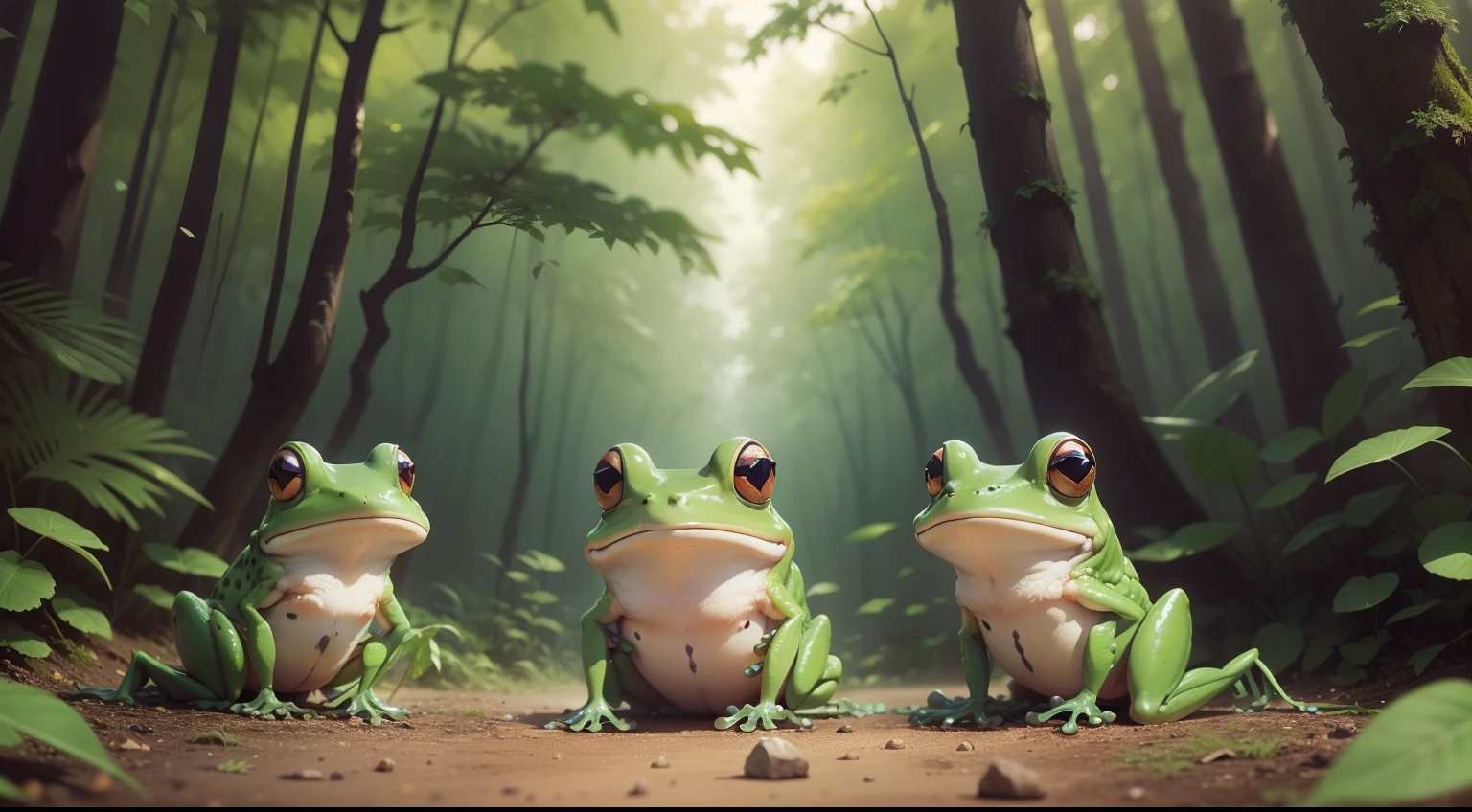 3 frogs exploring the forest