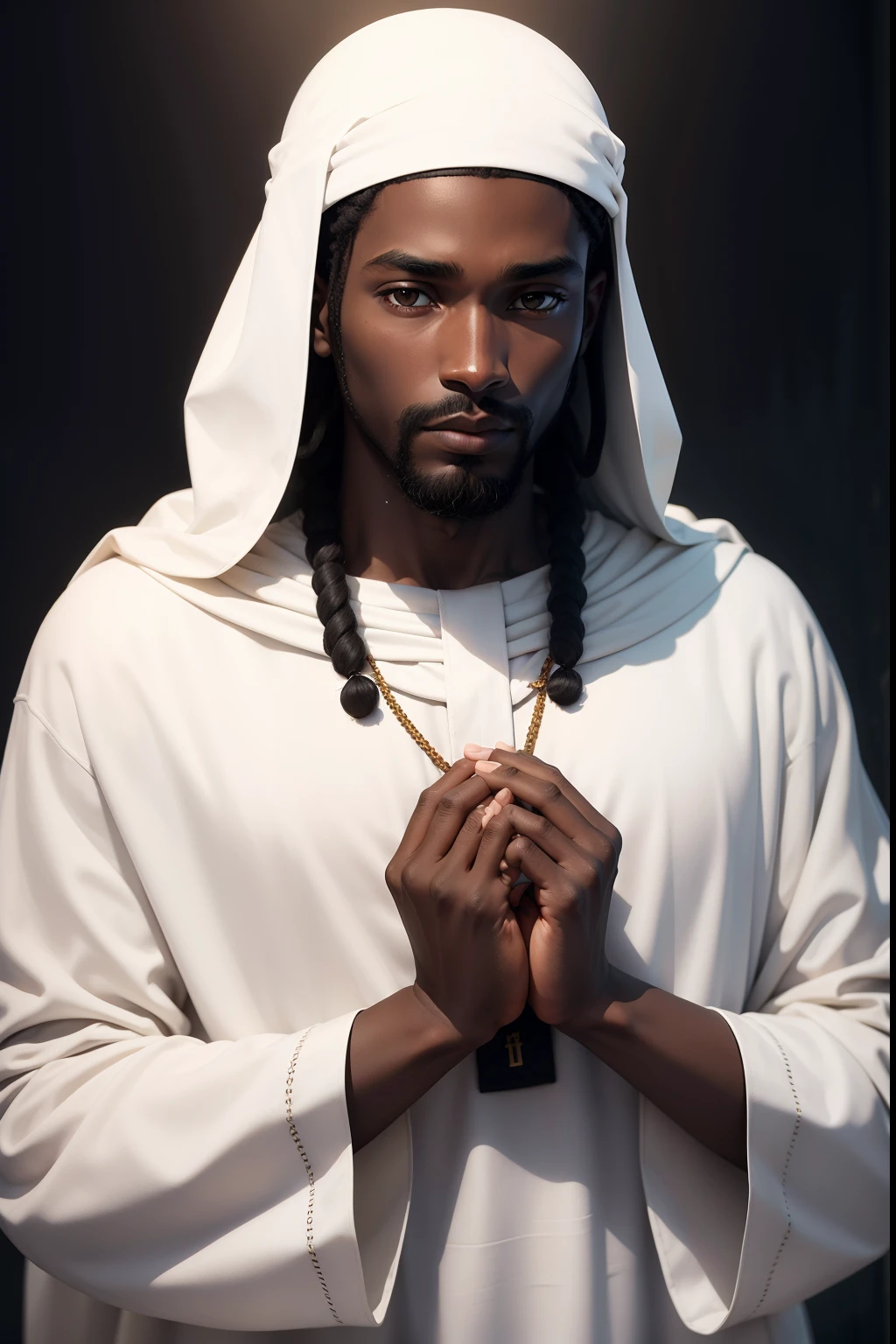 Jesus homem, African traits black skin, com semblante de paz, sereno, white fabric on the head, roupa humilde, As in the time of Christ.