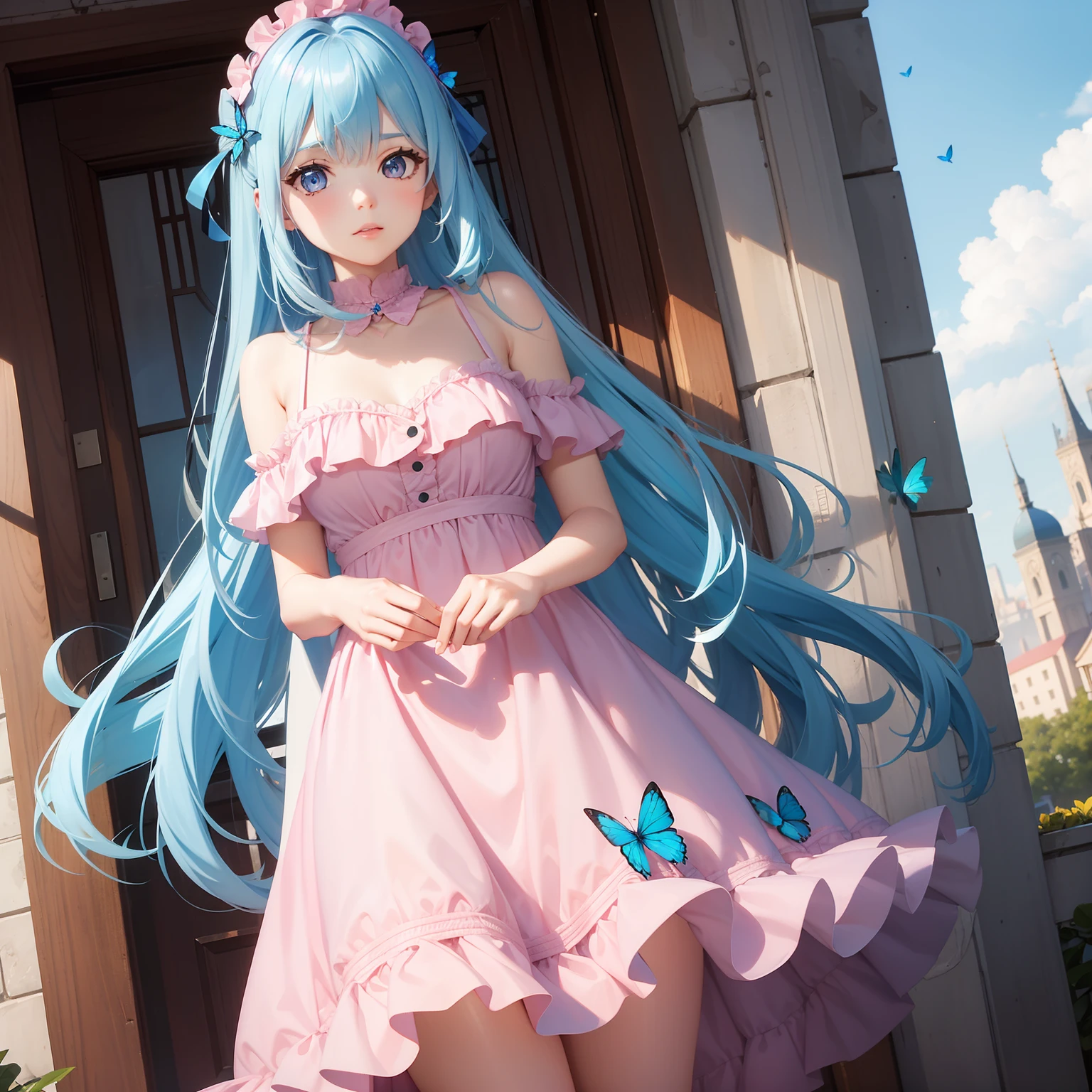 a women, blue butterfly, blue hair, pink eyes, pink dress