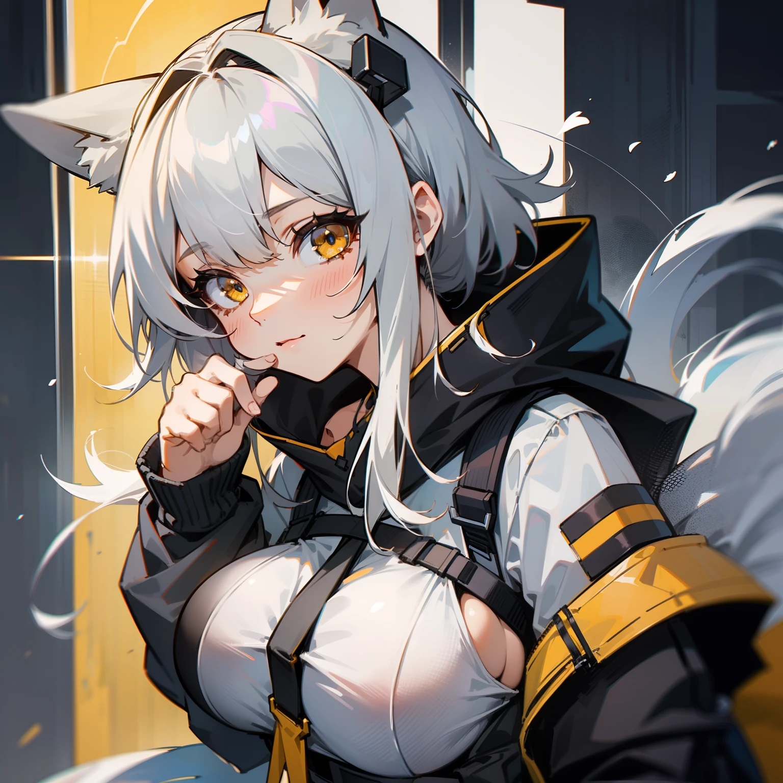 a close up of a person wearing a black and oranage hoodie, from arknights, from girls frontline, arknights, girls frontline style, anime style 4 k, anime girl with cat ears, kantai collection style, beautiful anime foxgirl, cute anime foxgirl, girls frontline universe, anime fox girl, high quality anime artstyle, foxgirl, detailed anime character art,white hair,cute,night,(big breast:1.7)