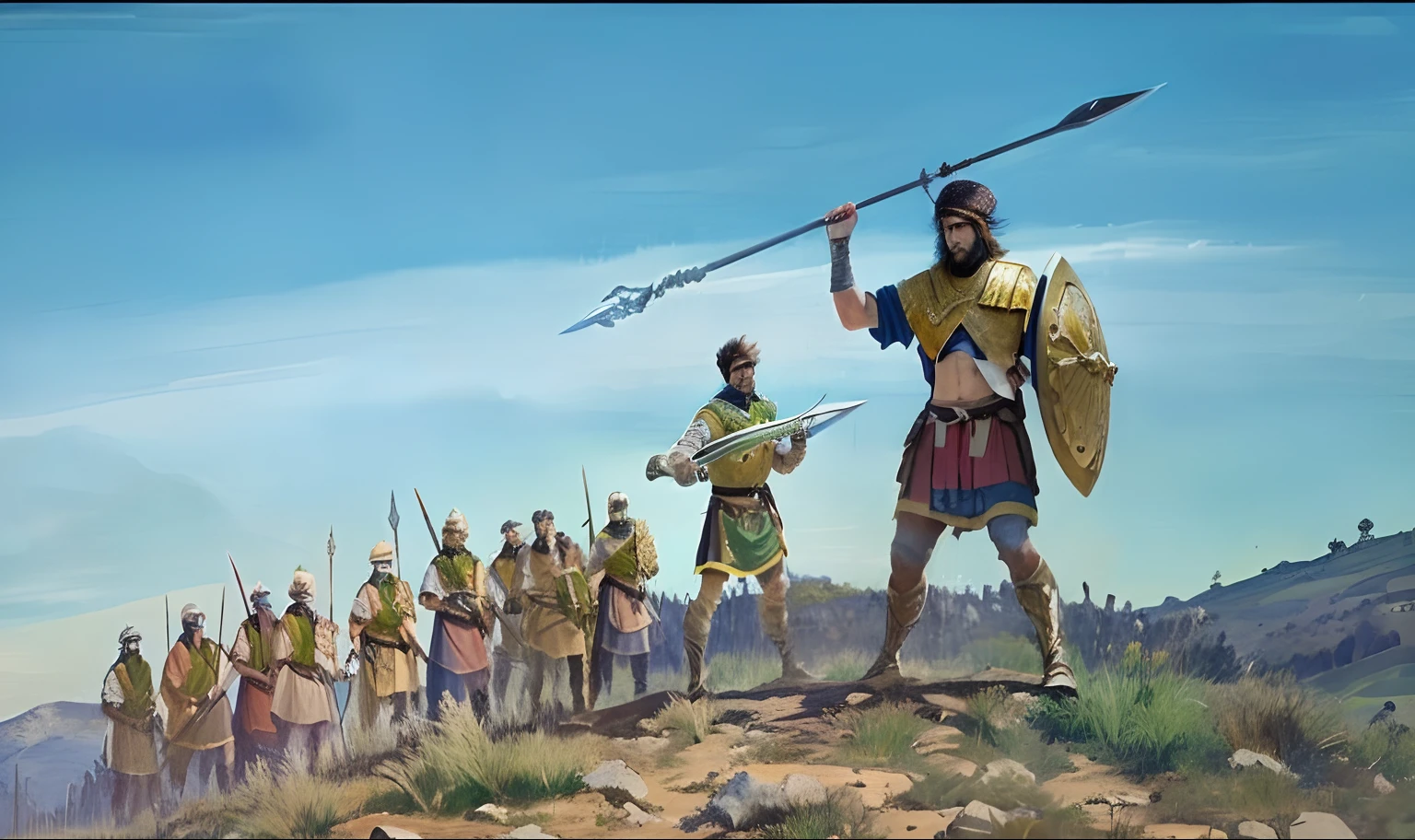 um homem segurando uma espada e parado na frente de um grupo de homens, Golias, Davi e Golias, levando espartanos para a batalha, ancient mesopotamian warrior, epic biblical representation, holding a spear, segurando seu tridente, hold spear, Soldado antigo, liderando uma batalha, Como guerreiros reptilianos atlantes, holding spear, historical artistic representation transform realist 4k