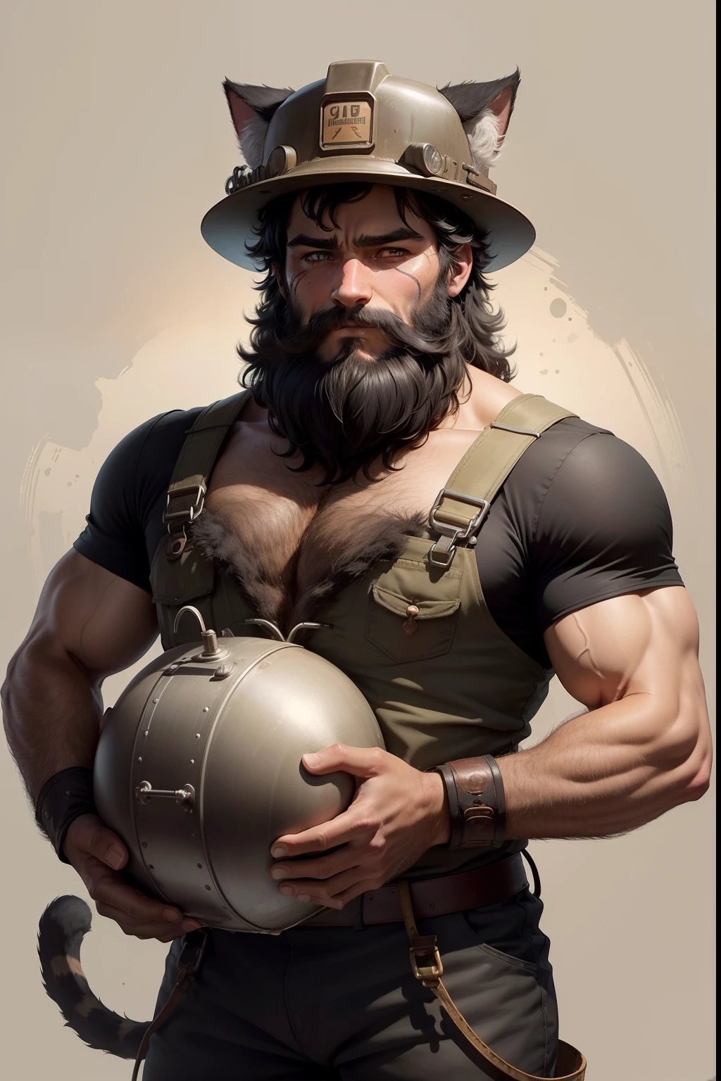 male, cat-human race, furry hair, furry skin, big whiskers. his profession is a Miner, and has a mining hat. carries a big miner lamp. he is dirty with ground and mud.plain dark background.