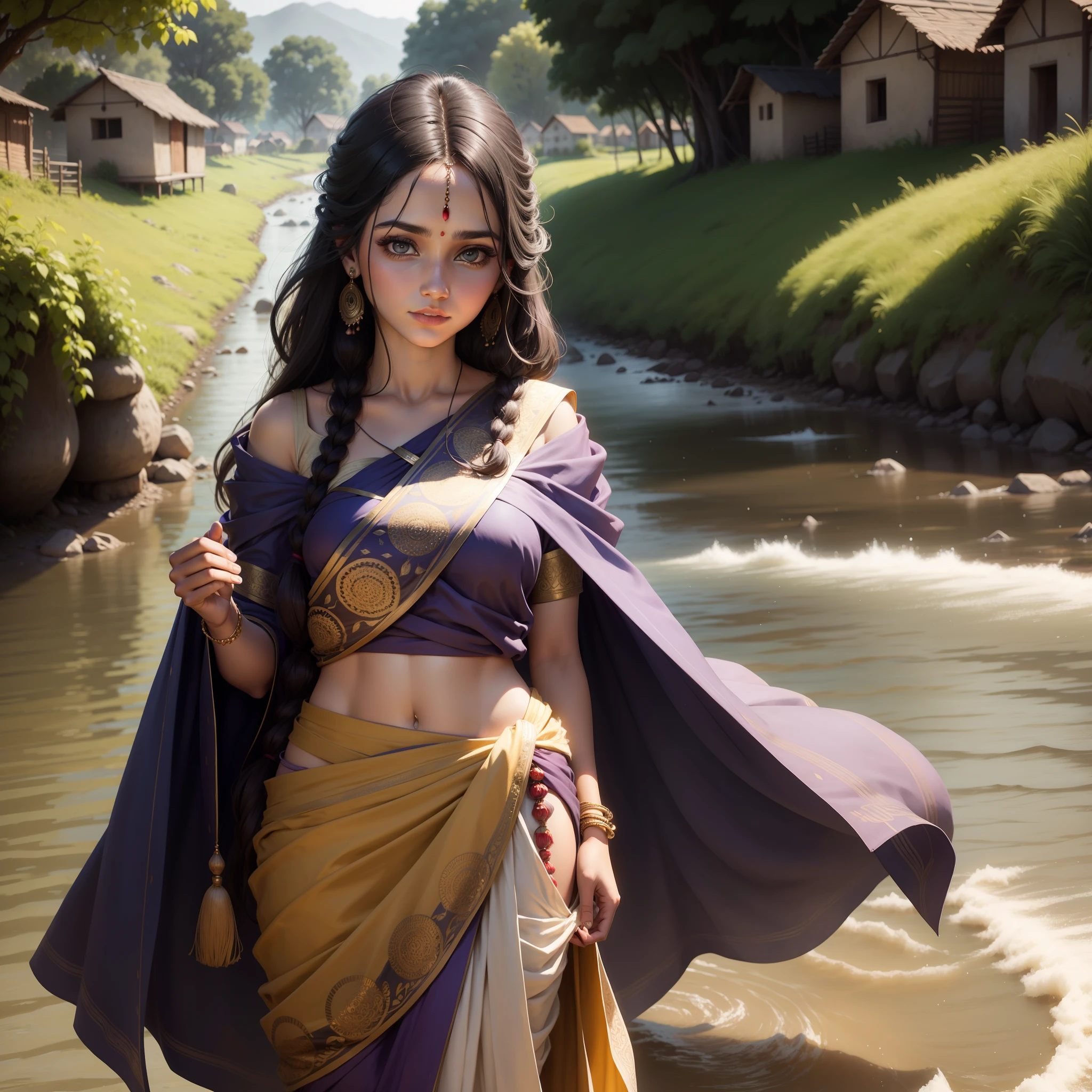 Beautiful girl in a sari from a beautiful village standing on the river bank with open hair , realistic face,8k, ultra realistic
