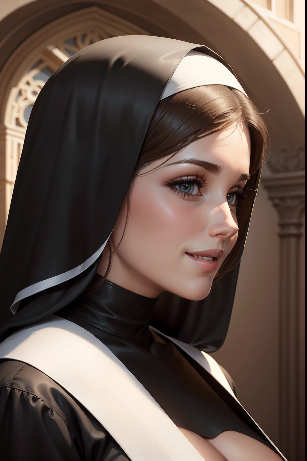 lucy pinder, portrait, profile, smiling, looking, nun