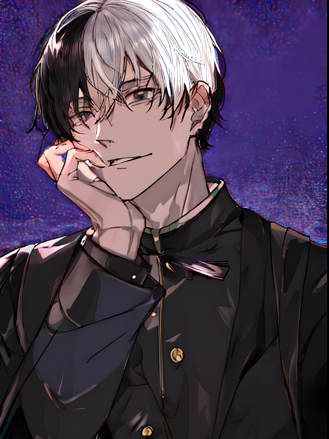 (1guy:1.3), (((with white hair and one black lock of hair in the middle))), slim, skinny, muscular body, anime handsome man, tall anime guy with dark eyes, (((black eyes))), male anime character, anime - style image of a man in a black hoodie, wearing dark robe, in a black hoodie, tall anime guy with black eyes, confident guy in demon slayer art, wearing black clothes and cape, wearing black robe, anime boy with white hair and a black lock of hair in the middle, wearing black jacket, inspired by Okumura Masanobu, inspired by Okumura Togyu, a handsome man，black short hair, anime handsome man, manga style of kentaro miura, handsome anime pose, anime portrait of a handsome man, kentaro miura manga art style, handsome guy in demon slayer art