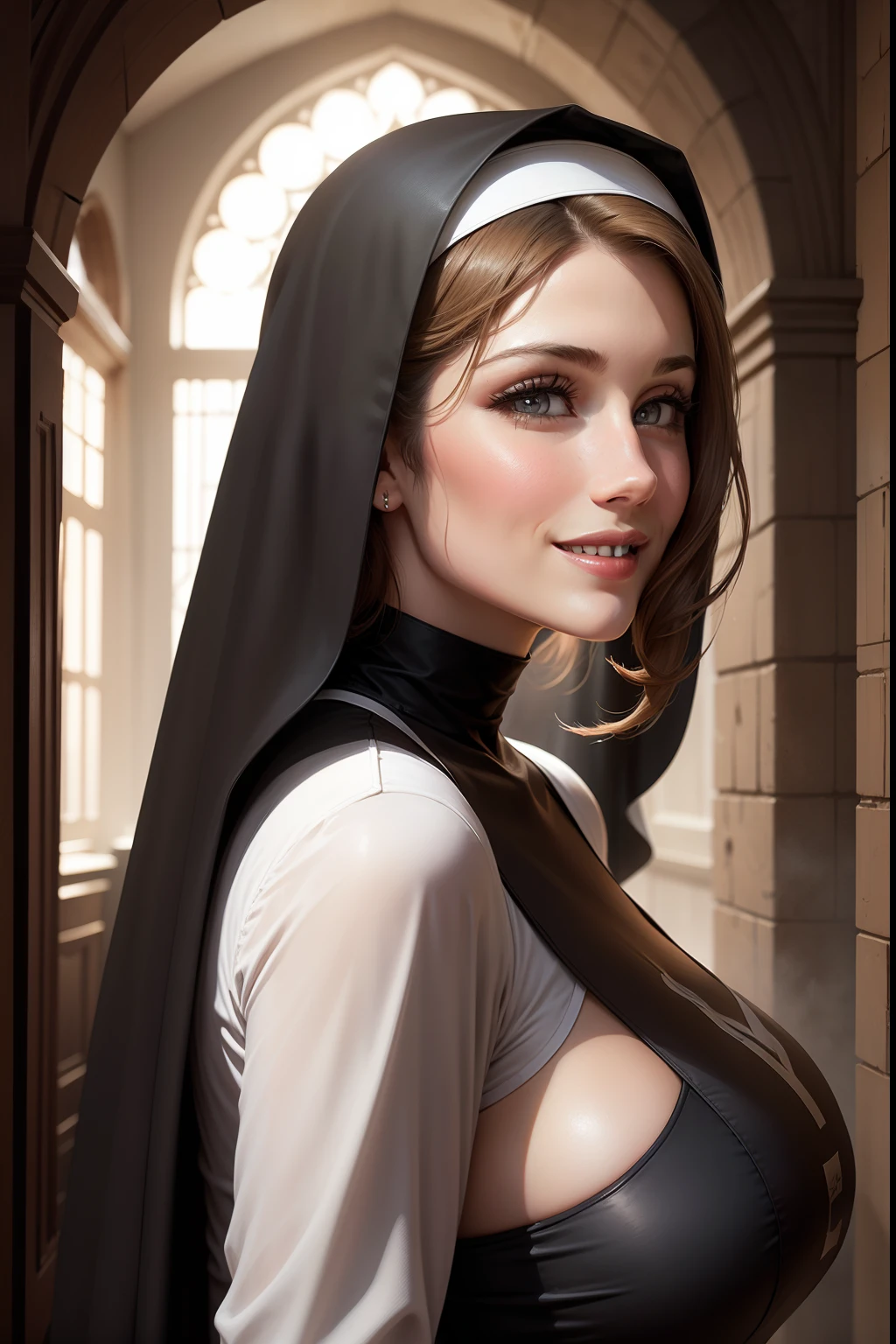 lucy pinder, portrait, profile, smiling, looking, nun