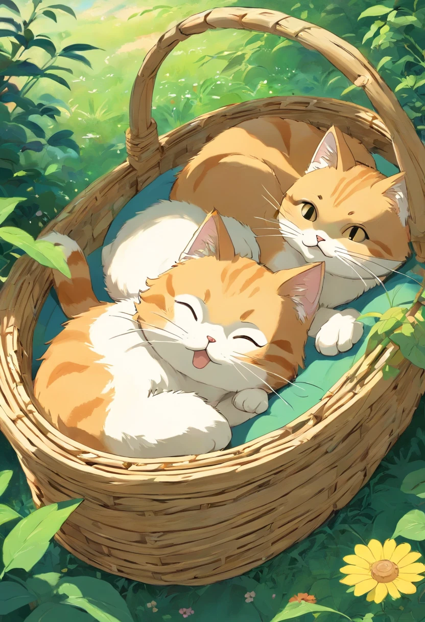 Cute cat、Are sleeping、In the basket