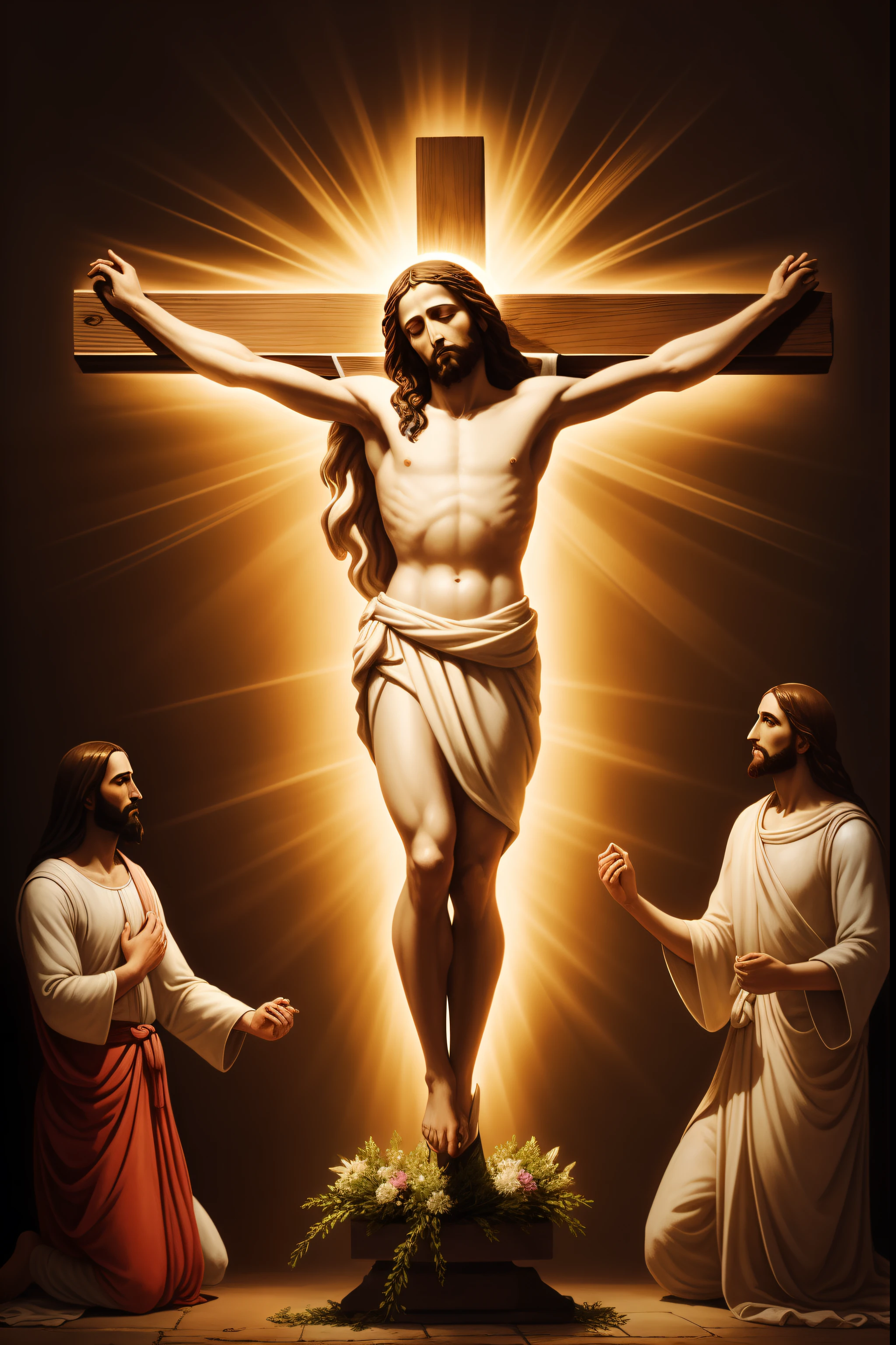 The description of Jesus on the cross with radiance around it may be an artistic representation or a symbolic interpretation of the crucifixion of Jesus Christ. Many artists throughout history have created paintings and artworks that depict the crucifixion of Jesus with symbolic elements, like a halo or a glow around your head or body.
O halo, often depicted as a circle of bright light around Jesus' head, It is a common symbol in Christian iconography. Ele representa a santidade e a divindade de Jesus. Artists use symbolic elements like this to convey the spiritual and religious message of their works.
The crucifixion of Jesus is a central event in Christian theology, where he was crucified on a cross as a sacrifice for the sins of mankind, according to Christian belief. The artistic depiction of this event often incorporates symbolism to emphasize the divine nature of Jesus and the redemptive importance of his death.
Remembering that the visual representation of religious events can vary widely between different artists, Cultures and historical periods. Portanto, the image of Jesus on the cross with radiance around it is an artistic and symbolic interpretation of this significant religious event.