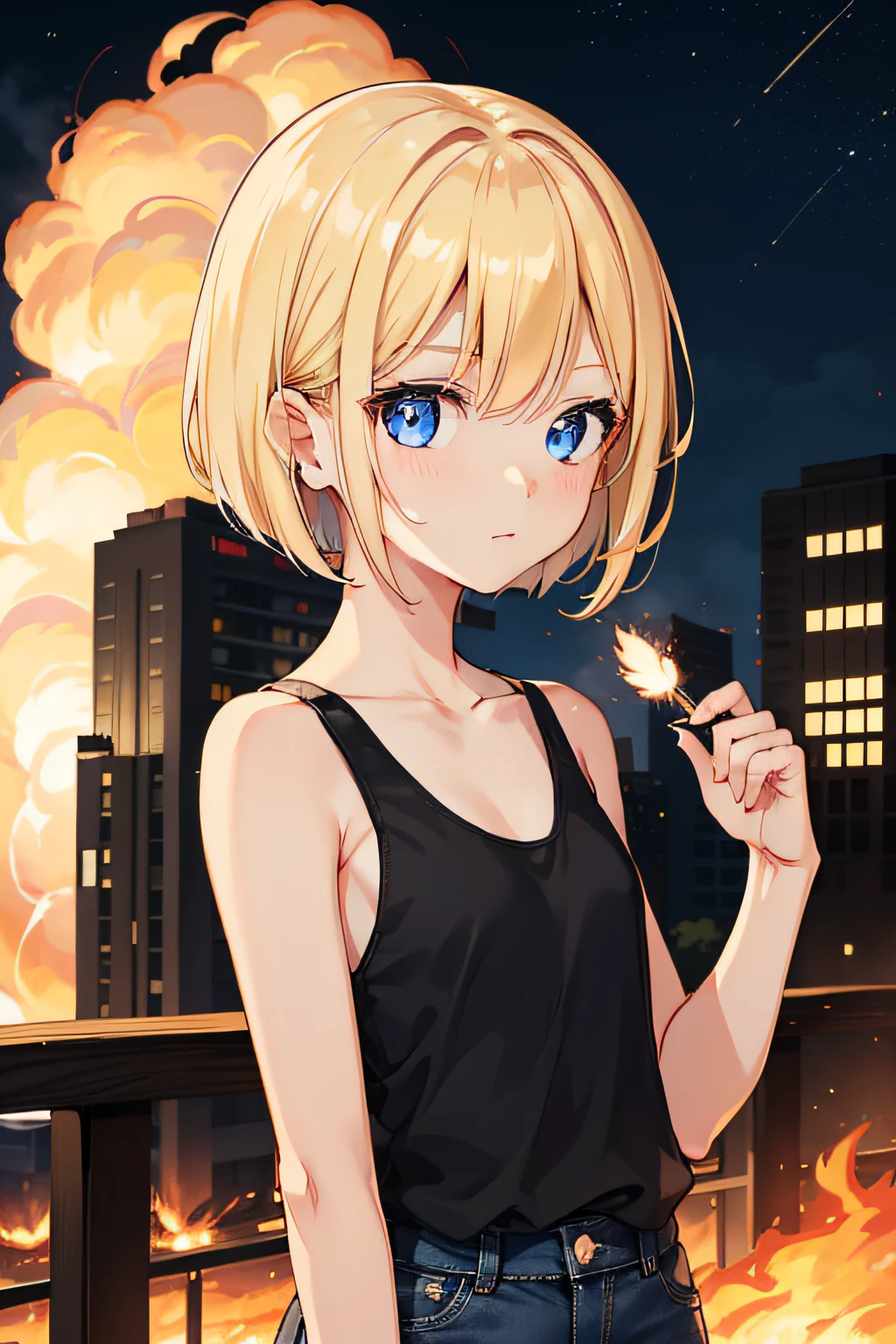 during night、Exploding and burning bases、A building that is exploding、Cute blonde girl holding a lit matchstick、cute face、full bodyesbian、Short Bob Hair、a blond、blue eyes、Black tank top、Blue Jeans Skirt