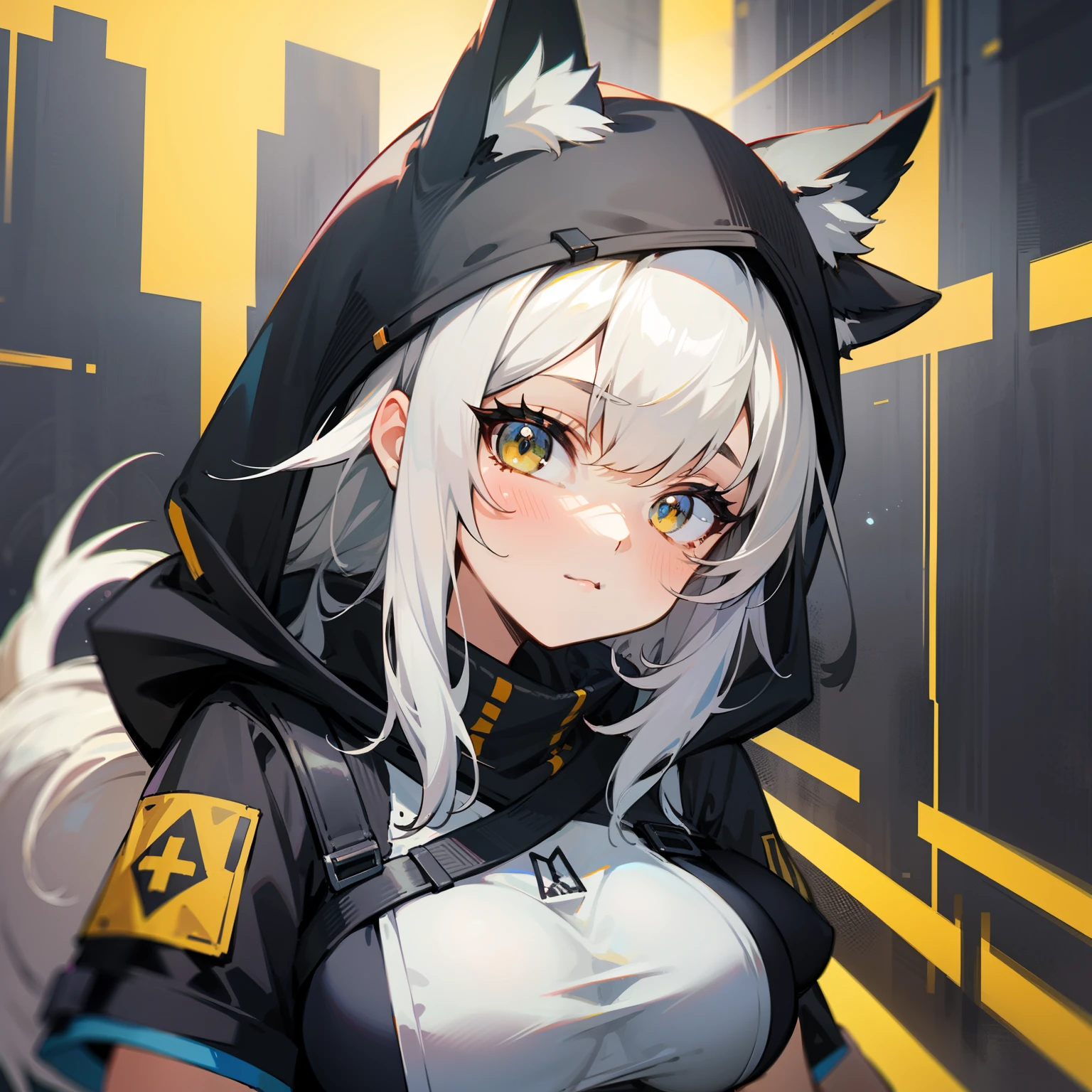 a close up of a person wearing a black and oranage hoodie, from arknights, from girls frontline, arknights, girls frontline style, anime style 4 k, anime girl with cat ears, kantai collection style, beautiful anime foxgirl, cute anime foxgirl, girls frontline universe, anime fox girl, high quality anime artstyle, foxgirl, detailed anime character art,white hair,cute,night,(big breast:1.7)
