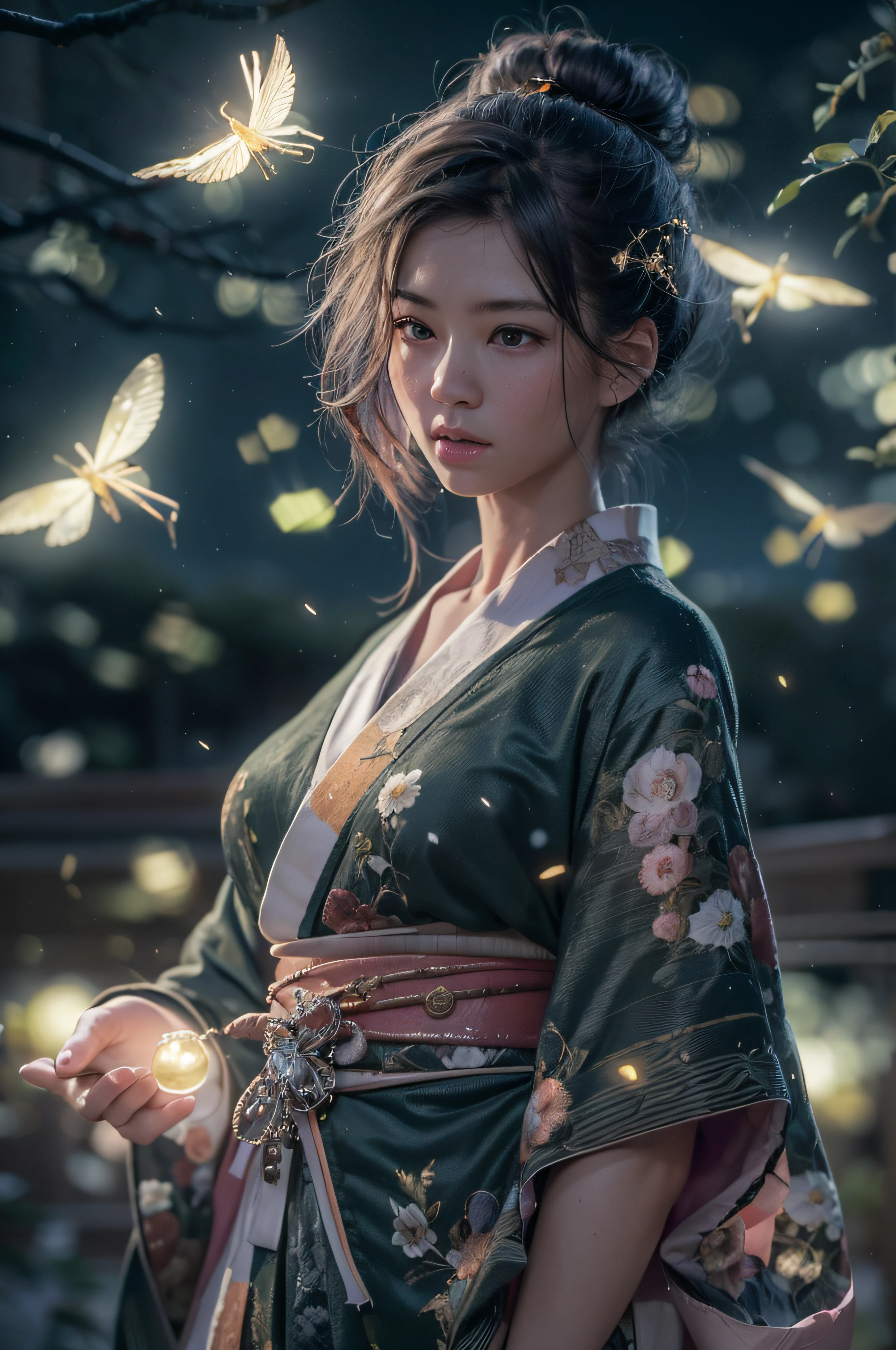 (8k, top quality, masterpiece: 1.2), (realistic, photorealistic: 1.37), super detail,one girl,beautiful face, full body, sexy body, wearing a short shiny kimono, mini skirt, wide angle of view, firefly garden, lots of small faint light and fireflies flying around, night, fullmoon,japanese style,