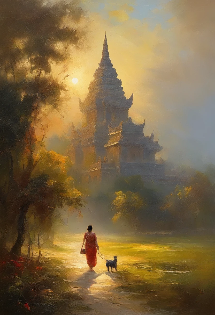 masterpiece、top-quality、morning、stroll。pup、1girl in、Cloud Girl、floating in sky、a closeup、with light glowing、Happiness、Fresh morning sunshine、(Spark:0.7) 、stroll、landscapes, ankgkor wat