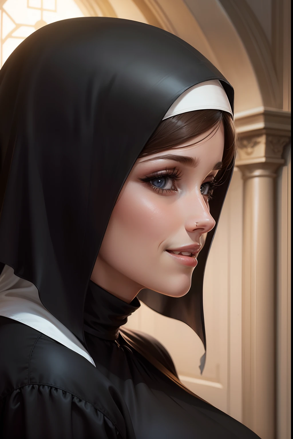 lucy pinder, portrait, profile, smiling, looking, nun