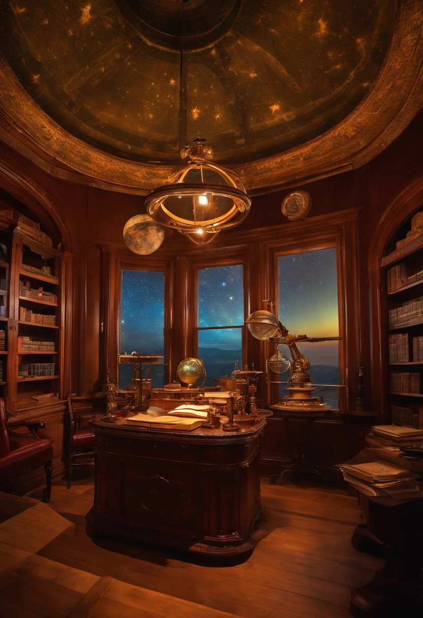 astronomer's desk, scientific instruments, star chart, books, teleslope,notebooks,celestial globe