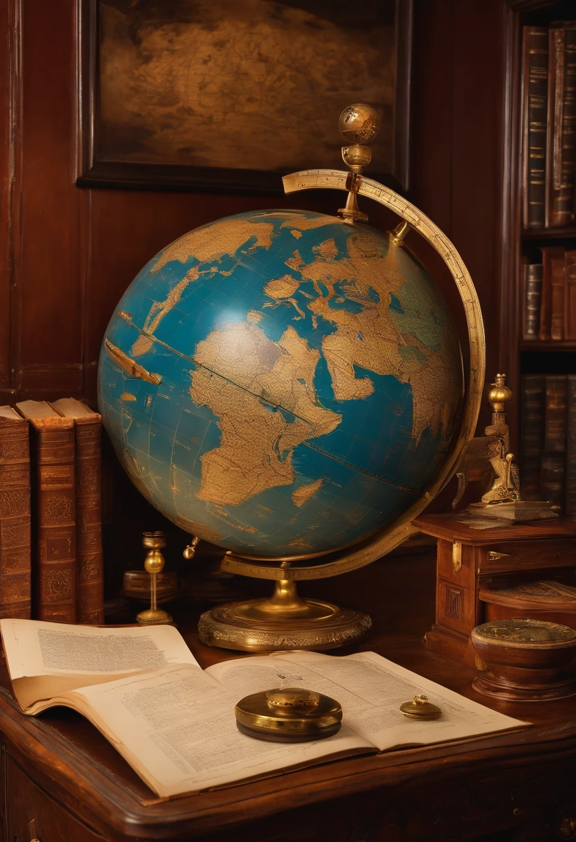 astronomer's desk, scientific instruments, star chart, books, teleslope,notebooks,celestial globe