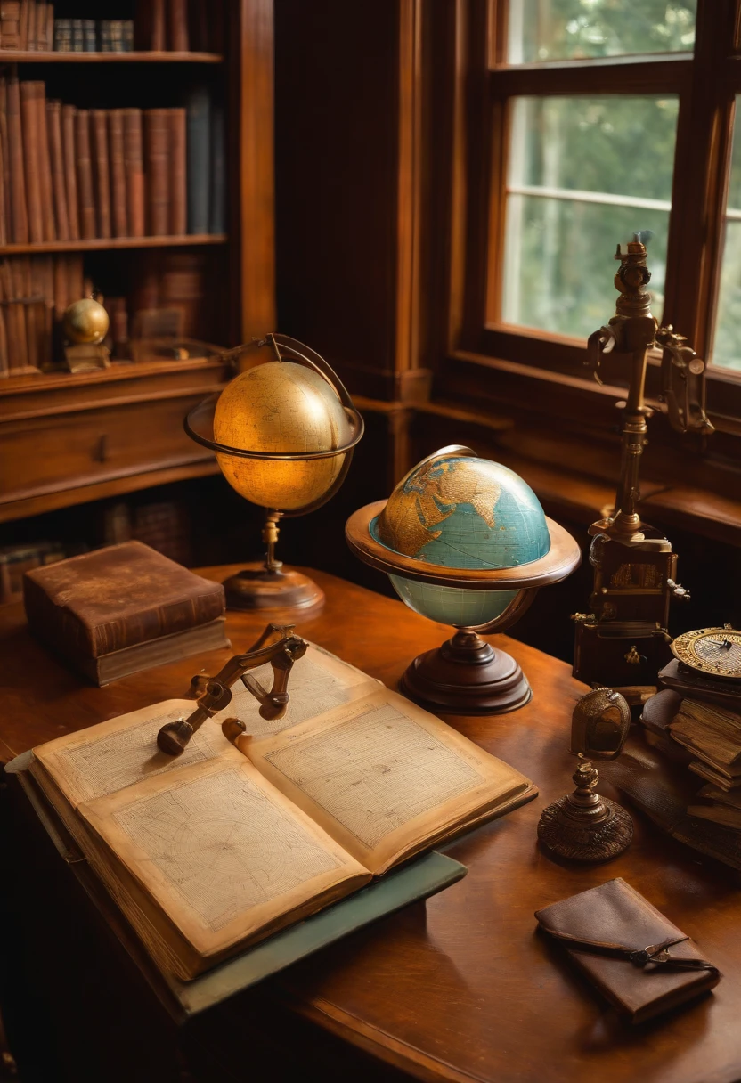 astronomer's desk, scientific instruments, star chart, books, teleslope,notebooks,celestial globe