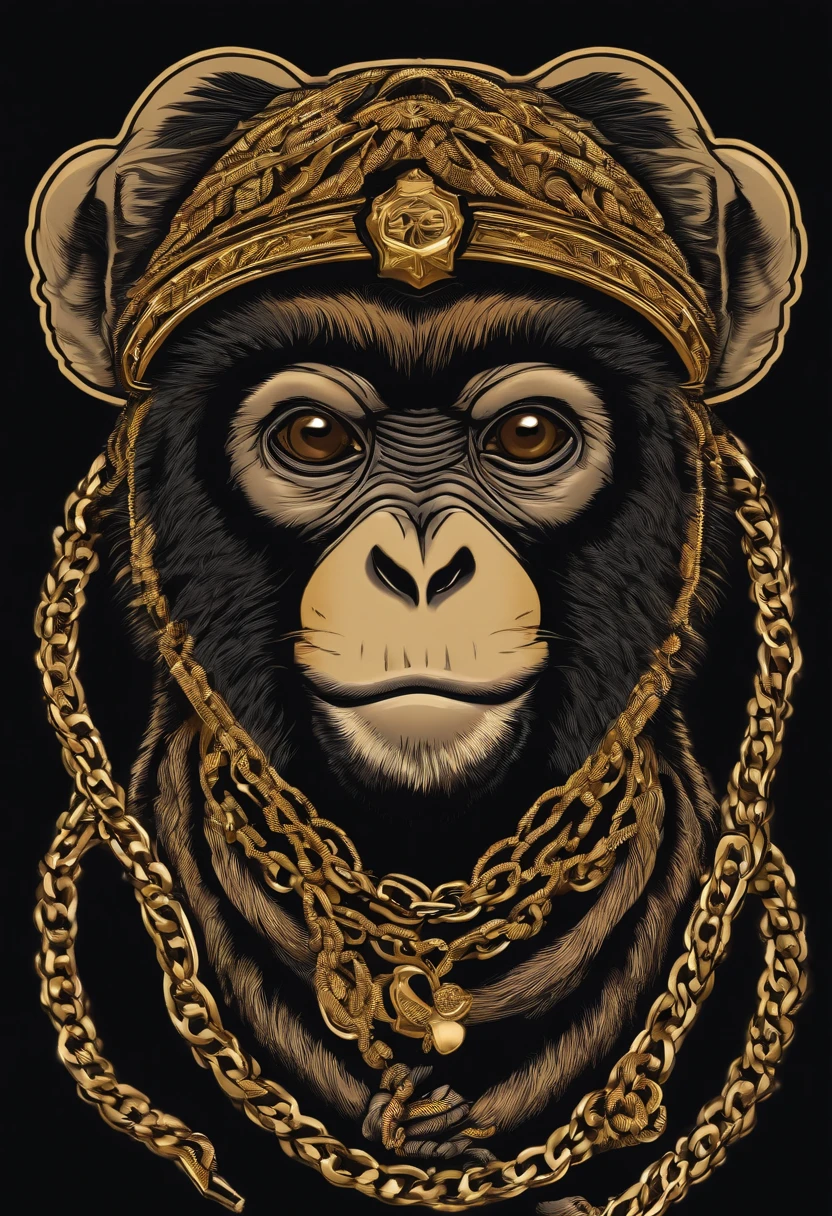 /imagine prompt: hiphop monkey illustration for a simple sticker with a black background, gold chain, in bold outline style, jagged edges,