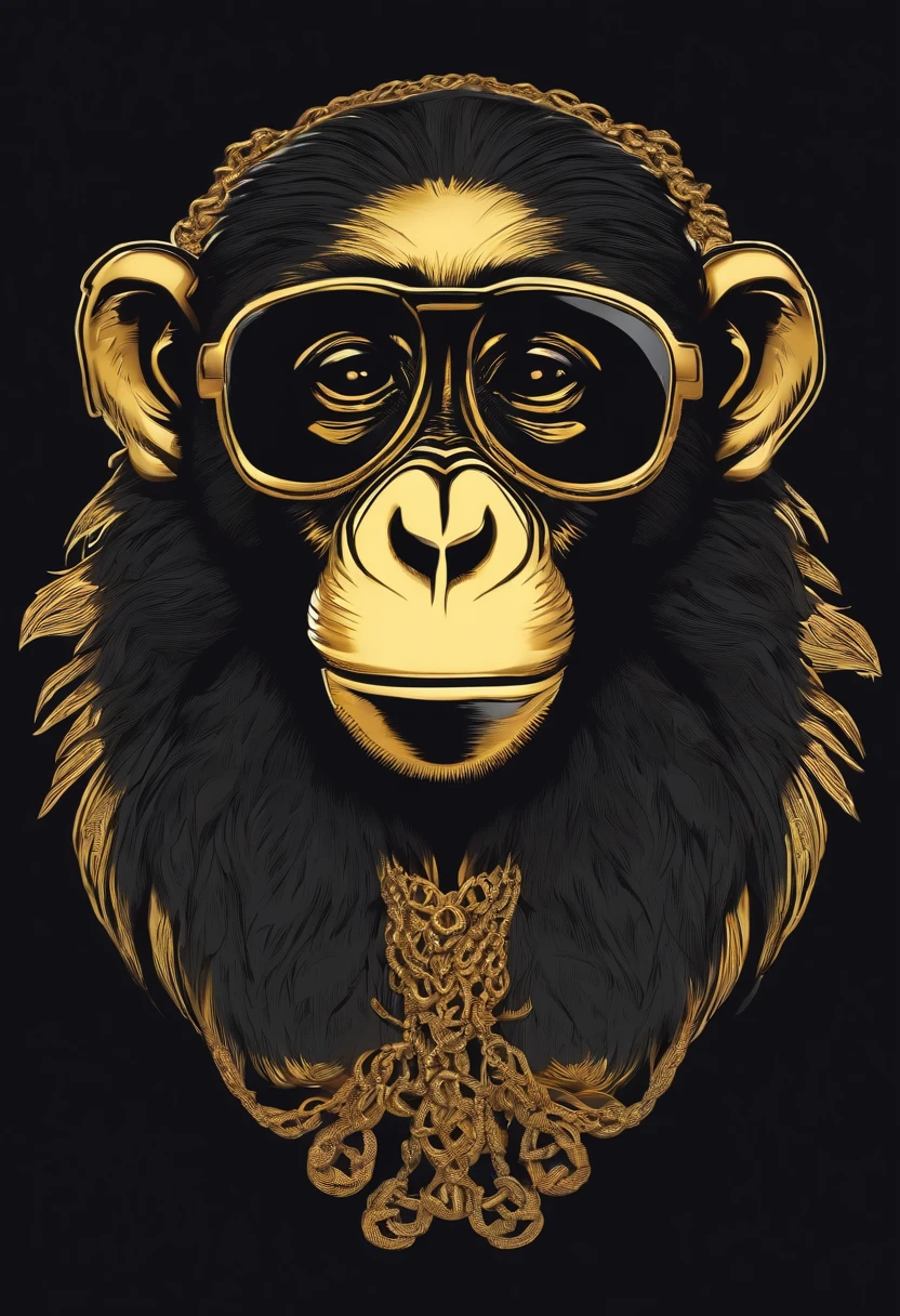 /imagine prompt: hiphop monkey illustration for a simple sticker with a black background, gold chain, in bold outline style, jagged edges,