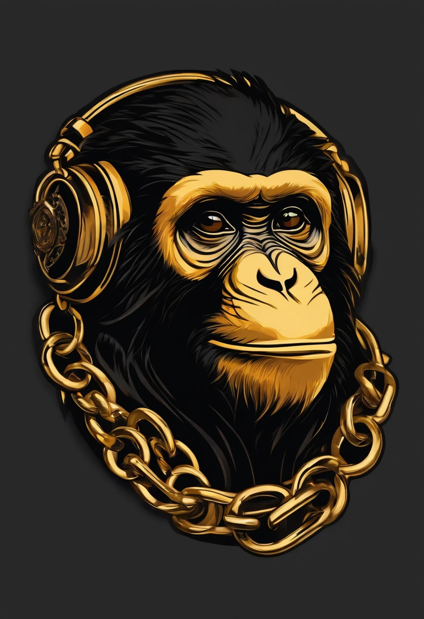 /imagine prompt: hiphop monkey illustration for a simple sticker with a black background, gold chain, in bold outline style, jagged edges,