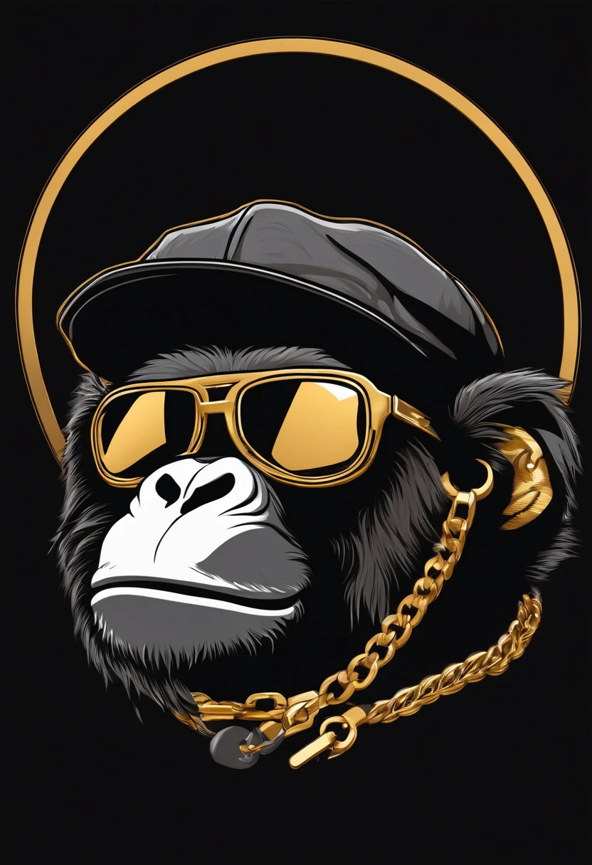/imagine prompt: hiphop monkey illustration for a simple sticker with a black background, gold chain, in bold outline style, jagged edges,