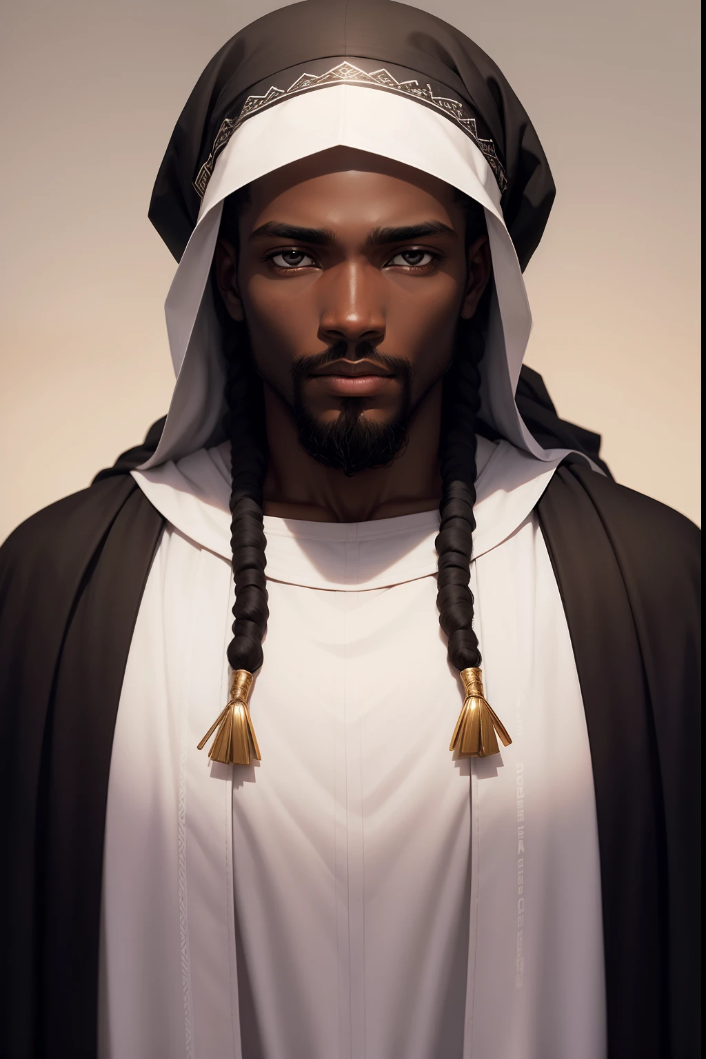 Jesus homem, African traits black skin, com semblante de paz, sereno,  white fabric on the head, roupa humilde, As in the time of Christ