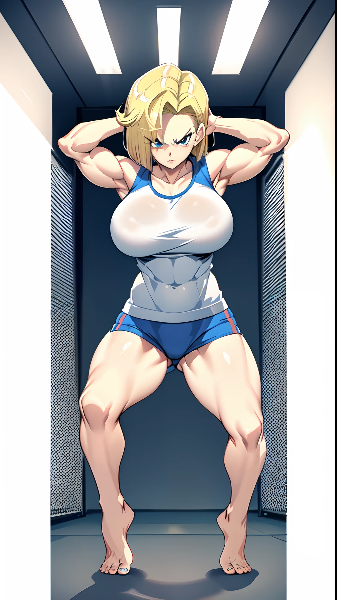character 8k symmetrical, anime girl, blond hair, blond short hair, blue eyes, (((muscular))), huge breasts, thick thighs, solo, angry, (pale skin), running, working out, gym, erotic, bare feet, white background, android 18
