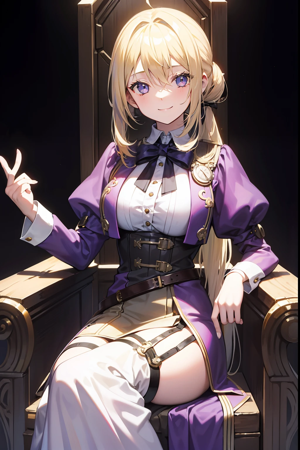 poneyTail a blond Eyes purple length hair steampunc Sit on the throne of the castle s girl Smile of leeway