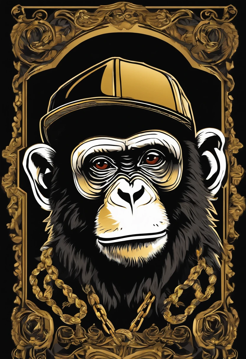 /imagine prompt: hiphop monkey simple illustration for a sticker with a black background, gold chain, in bold outline style, jagged edges,