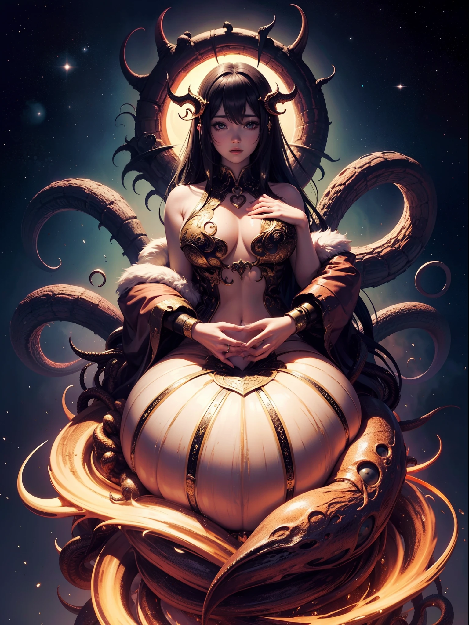 Cute Nyarlathotep、Cthulhu God、Female devotees9a person、(massive chest:1.5)、The highest image quality、Beautiful night sky background