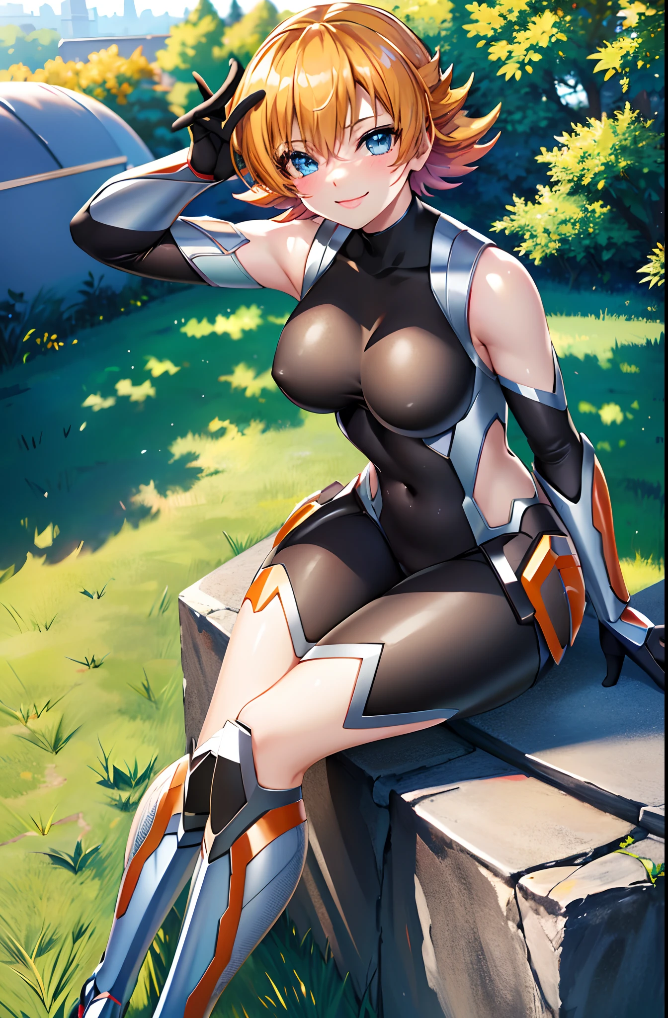 (masterpiece, best quality, detailed), 1girl, solo, outdoors, garden, rose, grass, sunlight, day, blue sky,
sitting, smile, blush,
igawa sakura, black taimanin suit,
