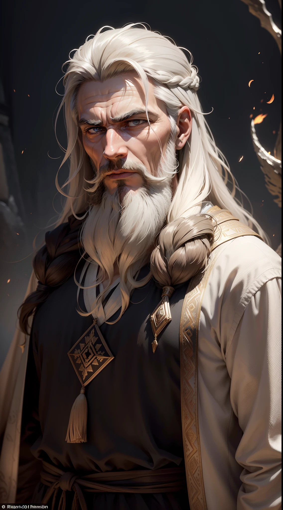 The biblical prophet Elijah possesses a commanding and distinct physical presence. His strong and penetrating gaze is characterized by deep, rich brown eyes, which seem to peer into the depths of one's soul. The intensity of his stare holds an unwavering focus, as if he can see through the veils of the world and glimpse the divine. His skin, weathered by a life of devotion and spiritual discipline, boasts a robust and tanned complexion with hints of bronze. It bears witness to the elements he has endured, a testament to his unwavering commitment to his divine calling. A striking feature of Elijah's countenance is his magnificent beard, cascading down his chin in a symphony of black and gray hues. Each strand carries the wisdom of years as if the threads themselves were woven from the secrets of the universe. It lends an air of authority and reverence to his appearance, symbolizing the depth of his spiritual journey. The prophet's well-defined cheekbones and firm jawline project a sense of strength and determination. His lips, neither thin nor full, rest in a neutral state, hinting at the gravity of his divine mission. Above his captivating eyes, his eyebrows are thick and expressive, adding to the intensity of his penetrating gaze. His noble nose, proportionate and balanced with the rest of his features, complements the overall harmony of his countenance. Elijah's ears, partially obscured by the flow of his cascading hair, appear ever attentive, ready to listen to the divine messages he receives. His broad forehead serves as a canvas of knowledge and contemplation, etched with the faint lines of profound thought and divine connection. Speaking of hair, Elijah's tresses, often worn long, possess a slightly tousled appearance, evoking the sense of a life lived in close connection with nature, windswept by the breath of the divine. In its entirety, the physical appearance of the prophet Elijah is a picture of strength, wisdom, and spiritual commitment.