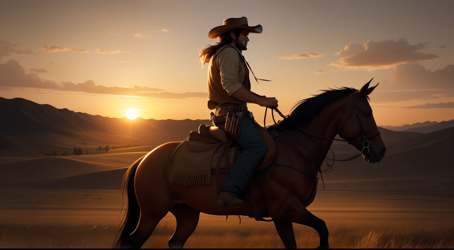 A cowboy who remembers John Marston from Red Dead Redemption is riding his horse in a beautiful western scenario, golden hour, sunset, wide-angle camera, dynamic composition, intricate details, high definition, high resolution, western environment