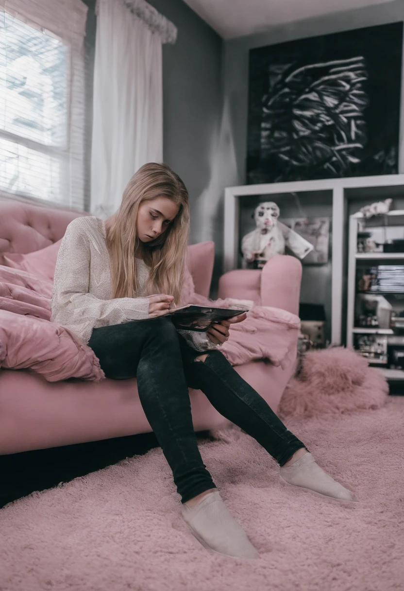 A photo of a teenage girl relaxing in her bedroom. She is sitting cross-legged on a white shag rug, leaning back against a pink bean bag chair. The girl has long blonde hair and is wearing jeans and a pink sweater. She is looking down at the phone in her hands and using the Snapchat app. The phone's screen shows the Snapchat camera viewfinder open. The room has white walls, pink curtains, and clutter typical of a teen's bedroom, including books, clothes, and posters.
