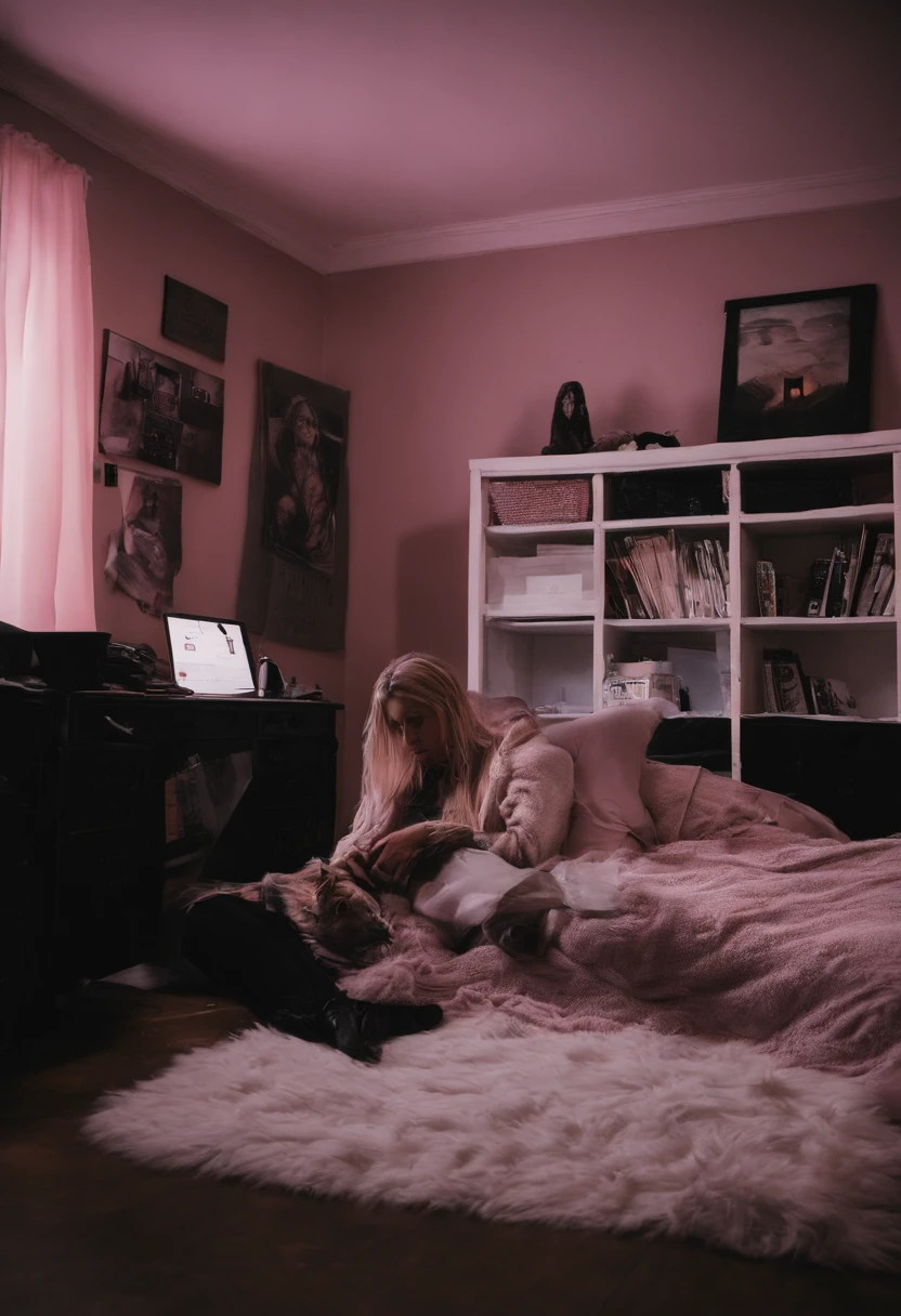 A photo of a teenage girl relaxing in her bedroom. She is sitting cross-legged on a white shag rug, leaning back against a pink bean bag chair. The girl has long blonde hair and is wearing jeans and a pink sweater. She is looking down at the phone in her hands and using the Snapchat app. The phone's screen shows the Snapchat camera viewfinder open. The room has white walls, pink curtains, and clutter typical of a teen's bedroom, including books, clothes, and posters.