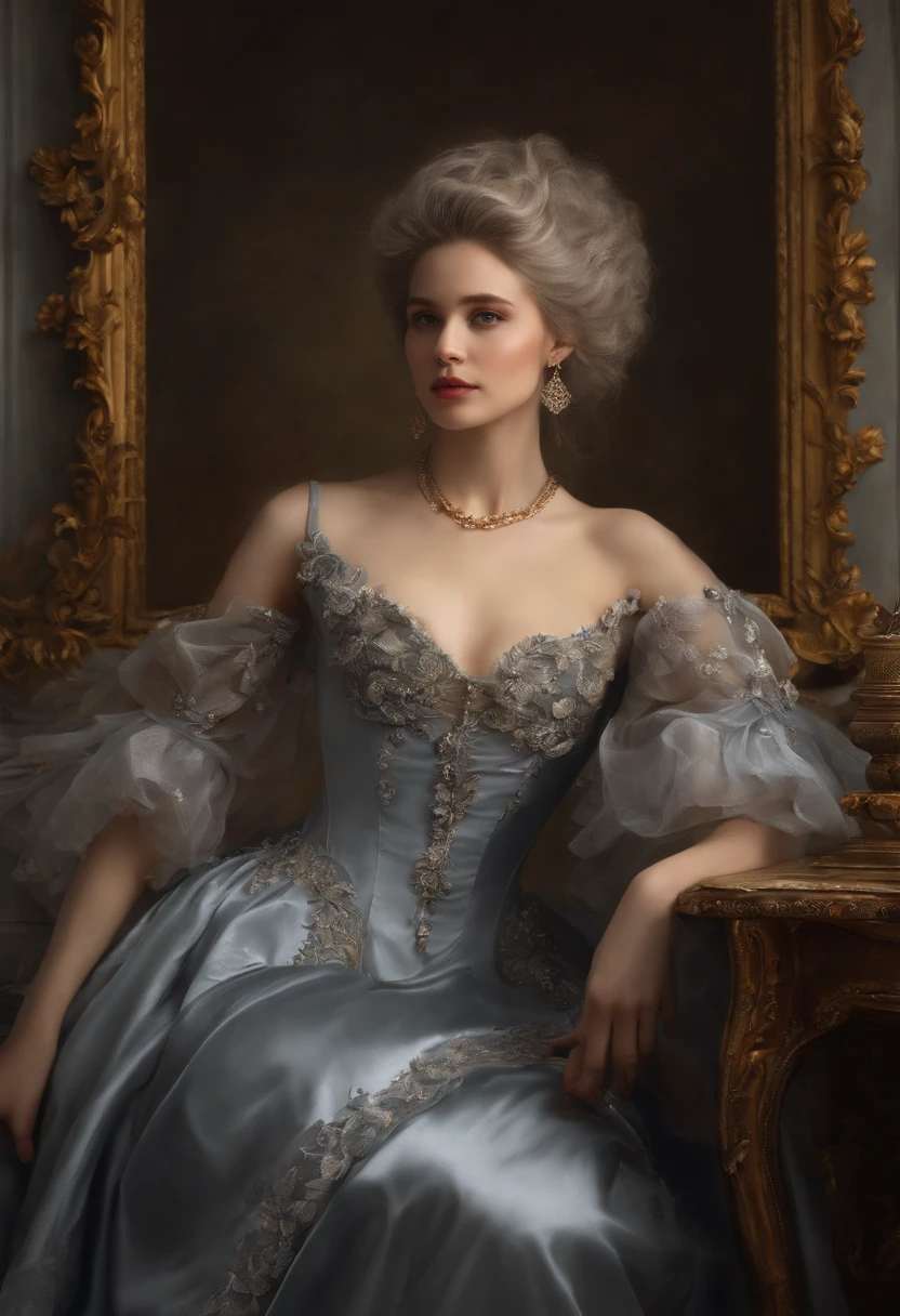 In a rococo atelier、Oil painting nude model、Highly detailed, 8K, masutepiece, 1girll, Grey Bicolor_hair, , , (Perfect_Face), opulent, Convoluted, Dramatic Lighting, 4K, Detailed_Background, Caustics, Portrait, , from a_Side