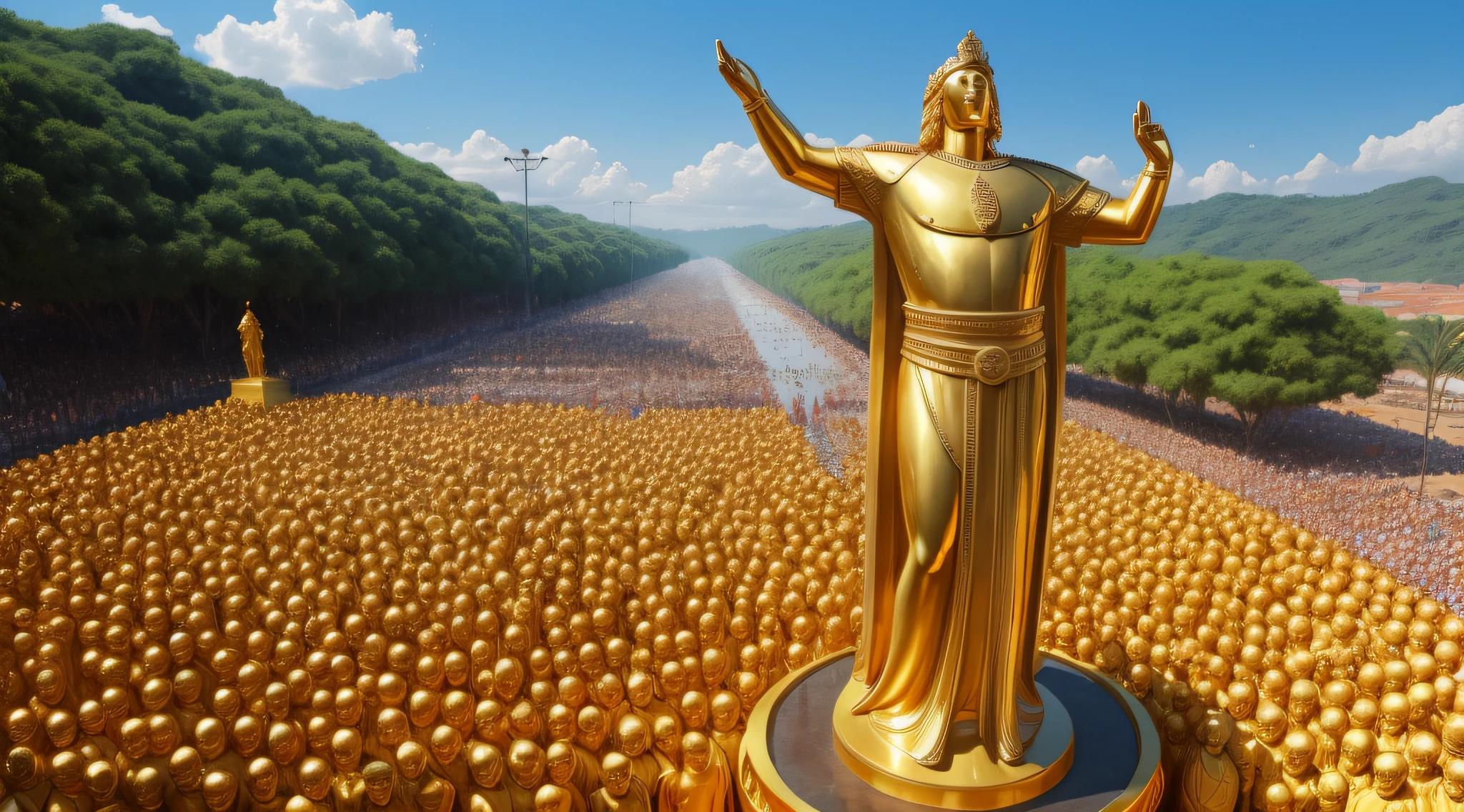 a large golden statue in human form of king three meters high, A crowd at the feet, tema biblico, historias da biblia, background: povo judeu, rei nabucodonosor