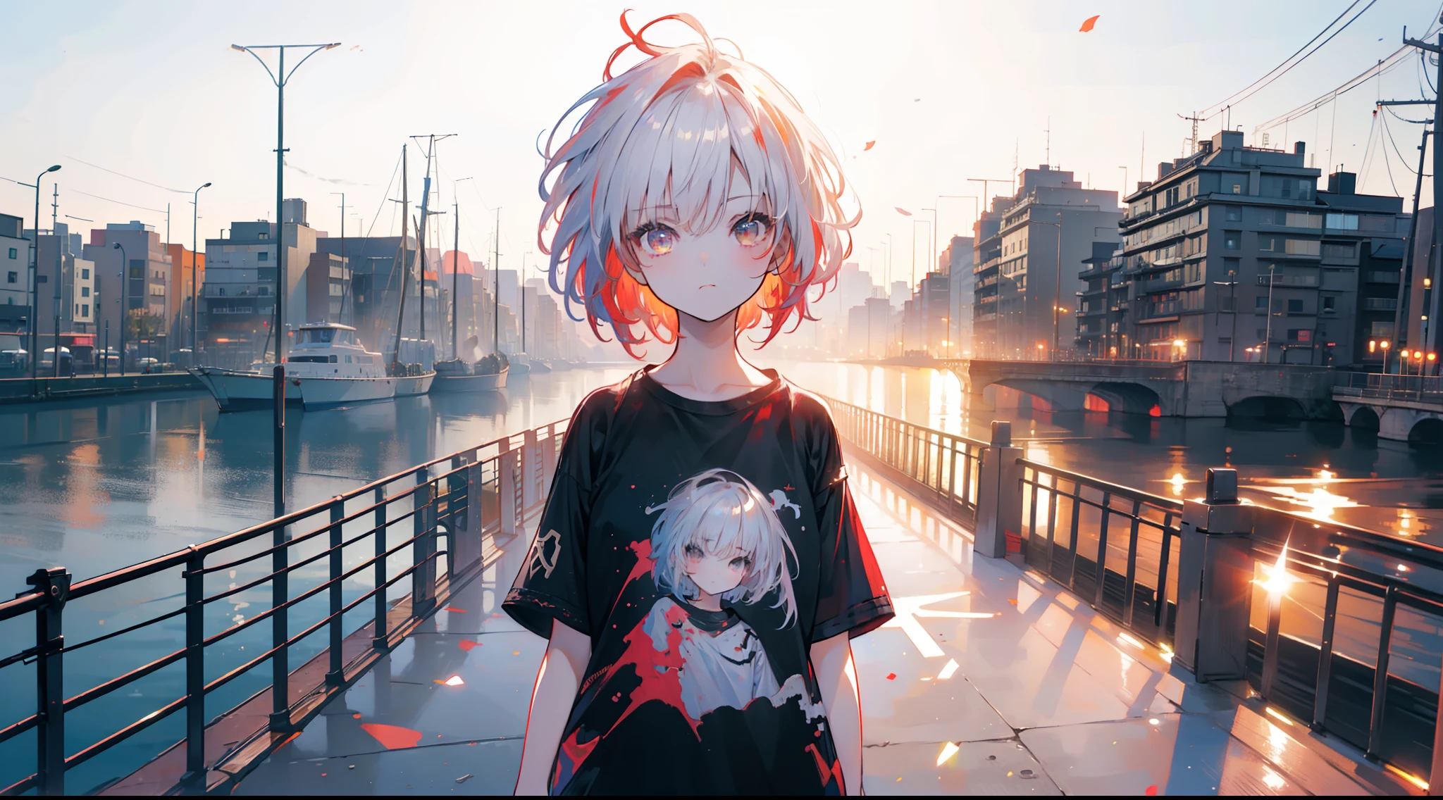 (((masterpiece))),(((4K))),(((girl))),(extremely detailed CG, ultra-detailed, best shadow), (scenery: 1.1), (short hair),(Cute half white and red dyed hair),Black very Oversized tshirt,Niji Kei,Just like yoU