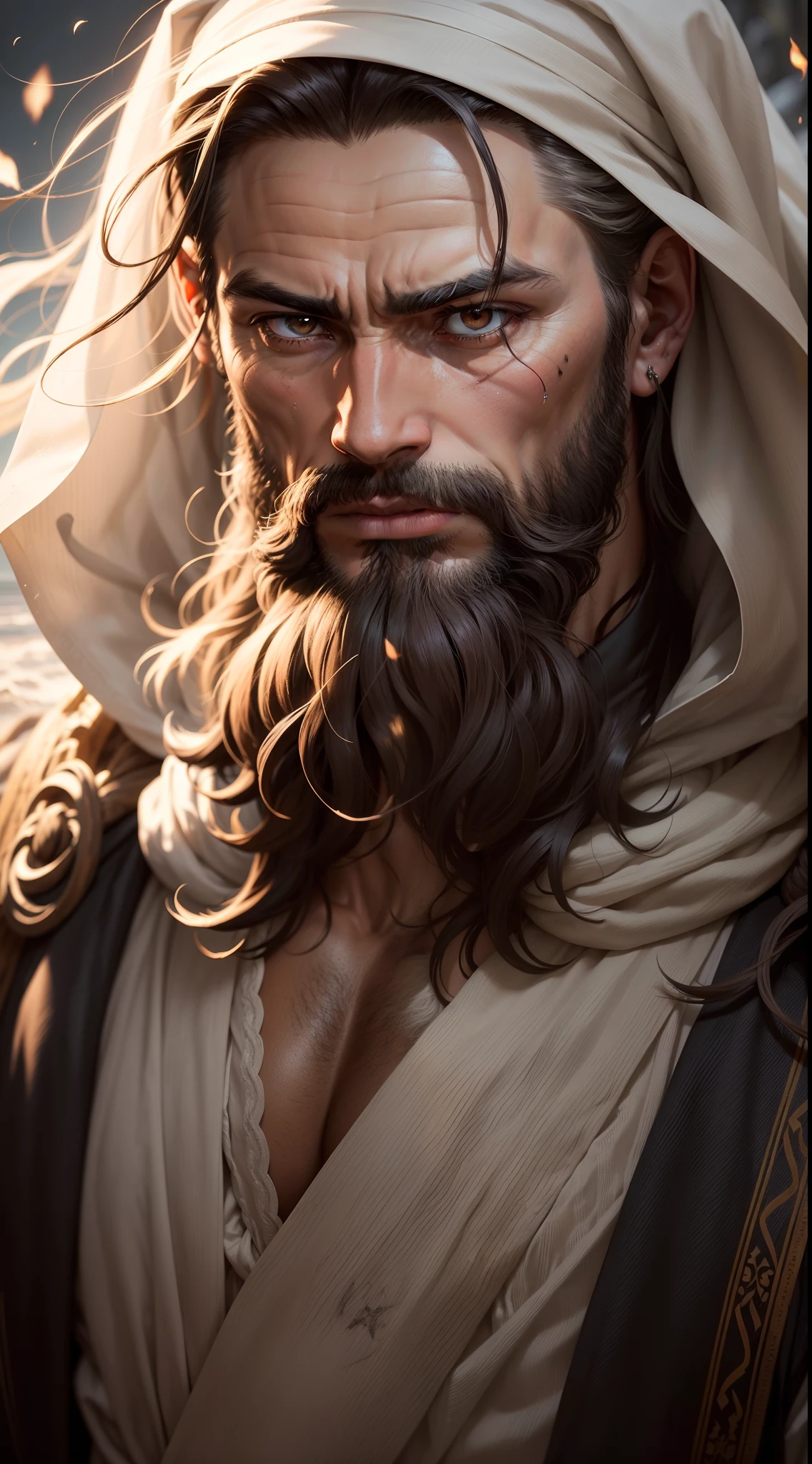 The biblical prophet Elijah possesses a commanding and distinct physical presence. His strong and penetrating gaze is characterized by deep, rich brown eyes, which seem to peer into the depths of one's soul. The intensity of his stare holds an unwavering focus, as if he can see through the veils of the world and glimpse the divine. His skin, weathered by a life of devotion and spiritual discipline, boasts a robust and tanned complexion with hints of bronze. It bears witness to the elements he has endured, a testament to his unwavering commitment to his divine calling. A striking feature of Elijah's countenance is his magnificent beard, cascading down his chin in a symphony of black and gray hues. Each strand carries the wisdom of years as if the threads themselves were woven from the secrets of the universe. It lends an air of authority and reverence to his appearance, symbolizing the depth of his spiritual journey. The prophet's well-defined cheekbones and firm jawline project a sense of strength and determination. His lips, neither thin nor full, rest in a neutral state, hinting at the gravity of his divine mission. Above his captivating eyes, his eyebrows are thick and expressive, adding to the intensity of his penetrating gaze. His noble nose, proportionate and balanced with the rest of his features, complements the overall harmony of his countenance. Elijah's ears, partially obscured by the flow of his cascading hair, appear ever attentive, ready to listen to the divine messages he receives. His broad forehead serves as a canvas of knowledge and contemplation, etched with the faint lines of profound thought and divine connection. Speaking of hair, Elijah's tresses, often worn long, possess a slightly tousled appearance, evoking the sense of a life lived in close connection with nature, windswept by the breath of the divine. In its entirety, the physical appearance of the prophet Elijah is a picture of strength, wisdom, and spiritual commitment.