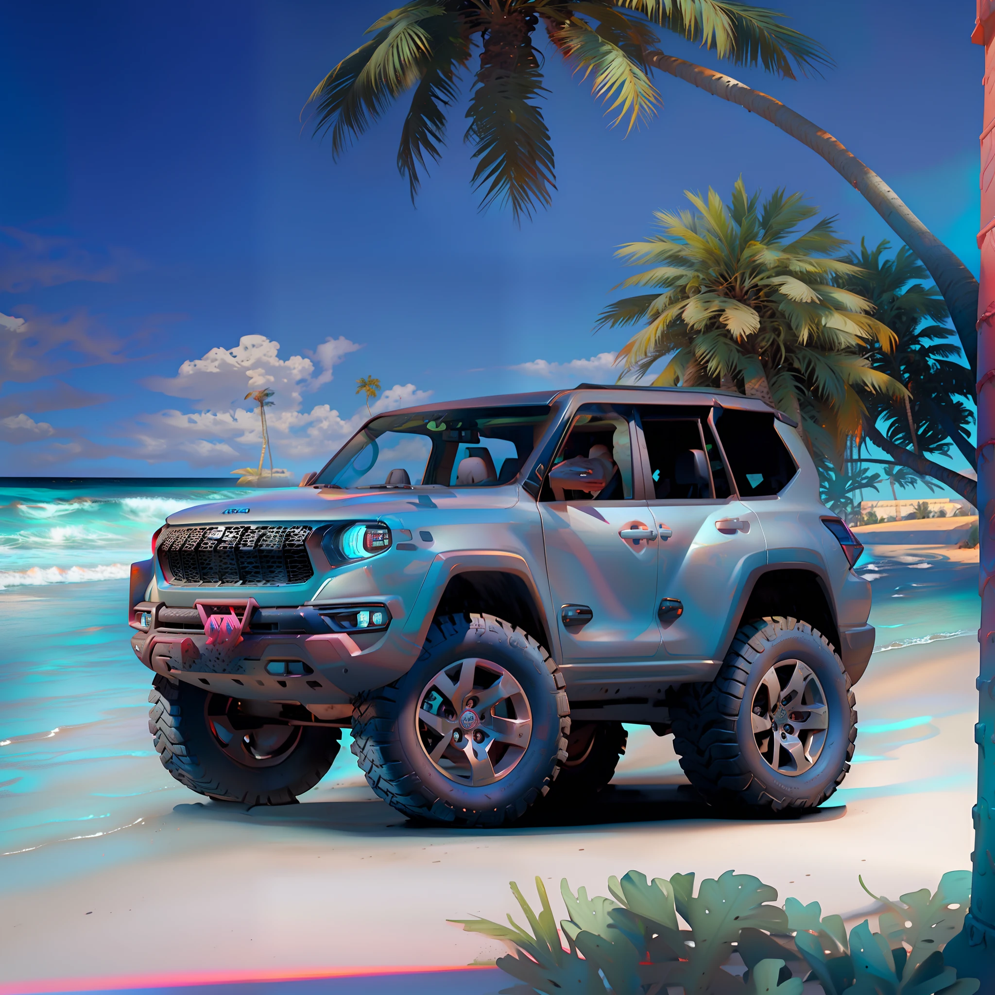 Alafed SUV parked on the beach with palm trees in the background, adventure hyper realistic render, vehicle concept photo!!, new vehicle, 2 0 2 2, 2022, vehicle photography, summer setting, photo realistic style, Off-road, Off-road, Exotic photorealistic prints, near the ocean, jeep in background, lifelike rendering、Anime style