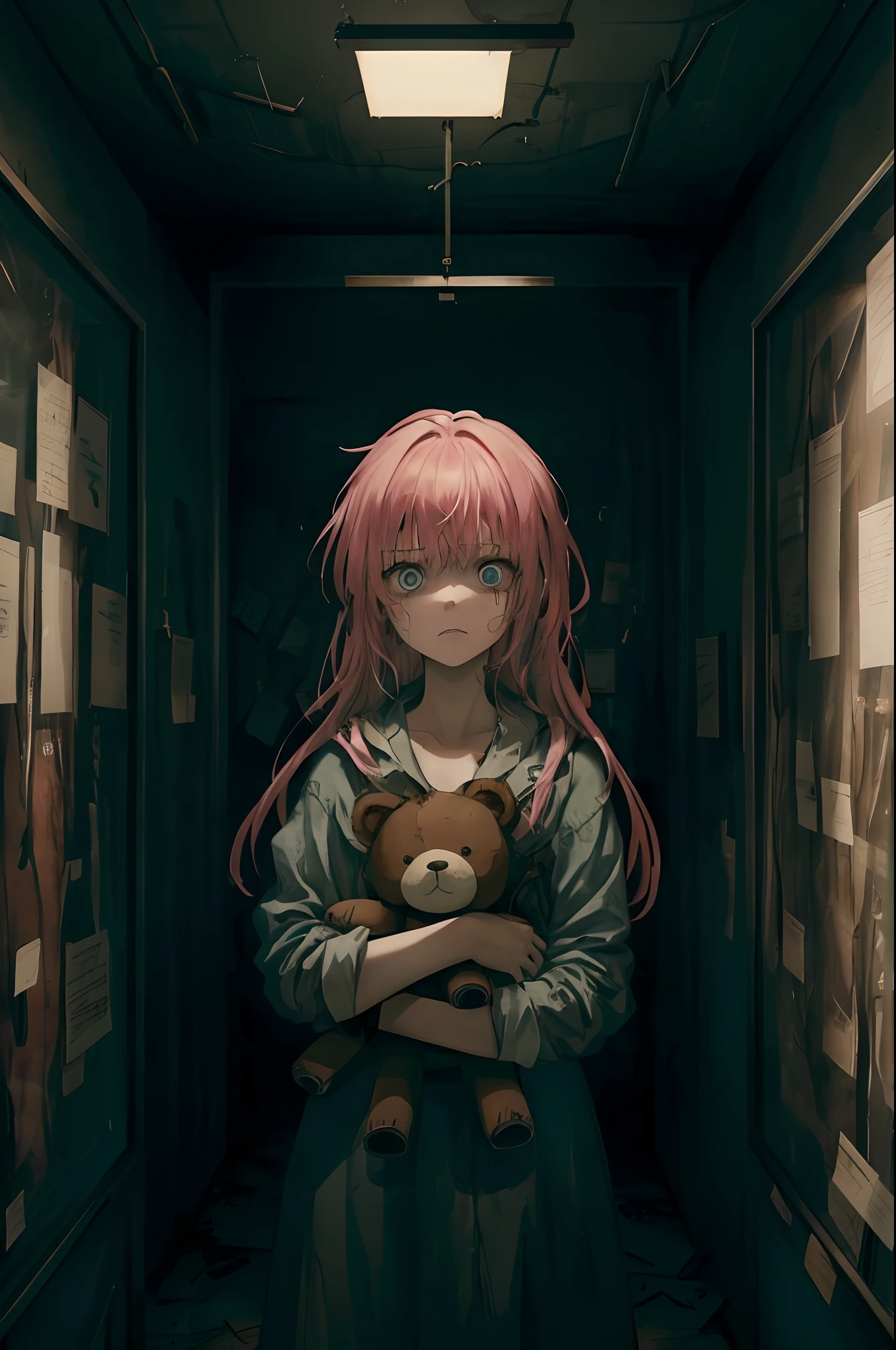 1 girl, pink hair, blue eyes, (cowboy_shot:1.2), Face Focus, long hair, side bangs, scared, (terrified:1.1) foxy expression, holding teddy bear, atmospheric lighting, moody, dark, in an old abandoned museum, Clear glass cabinets full of interesting objects, dusty, post-apocalypse, cobwebs, excellent, beautiful 8K wallpaper, extremely detailed, intricate
