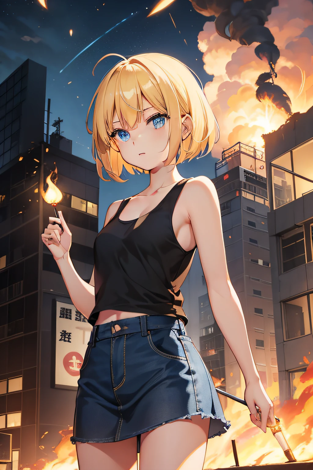 during night、Exploding and burning bases、A building that is exploding、Cute blonde girl holding a lit matchstick、cute  face、full bodyesbian、Short Bob Hair、a blond、blue eyes、Black tank top、Blue Jeans Skirt